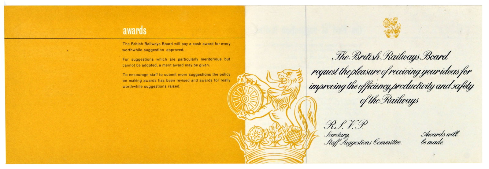 Invitation Card Britain Railways Staff Suggestions Train: Original vintage invitation card produced for the British Railways Board to promote their internal Staff Suggestions Committee. The central artwork showcases the iconic "lion on wheel" emblem resting 