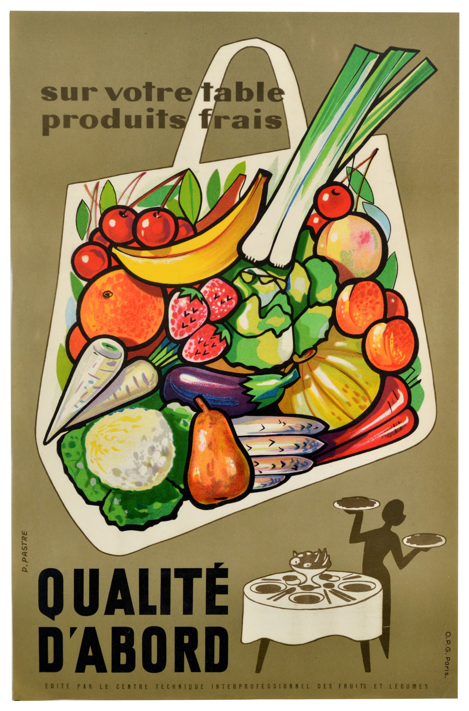 Advertising Poster Kitchen Quality Fruit Vegetable Fresh Produce France: Original vintage advertising Midcentury Modern style poster promoting fresh produce in France with the slogan - Qualite d'Abord / Quality First. A charming mid-century graphic design featuring a styli
