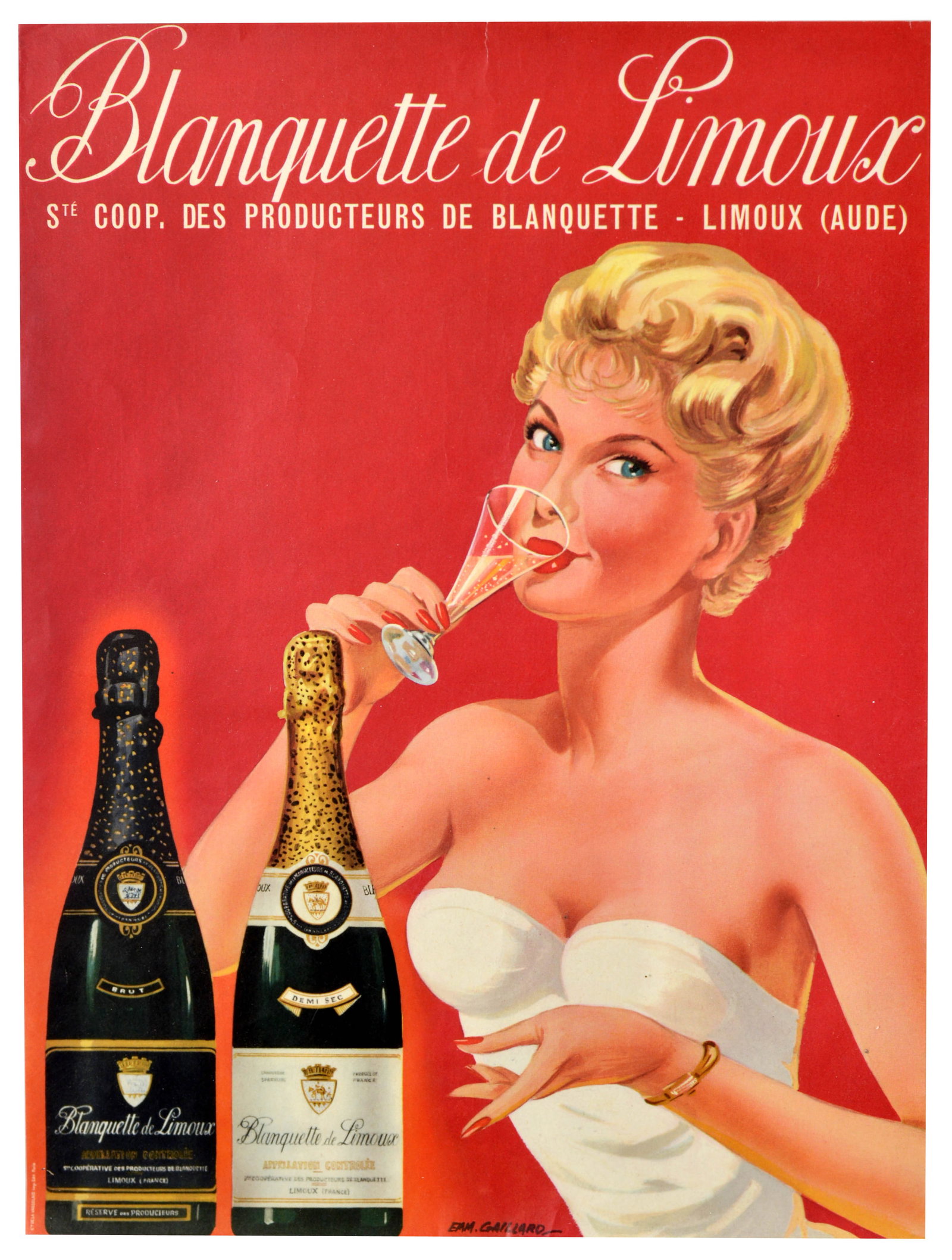 Advertising Poster Blanquette de Limoux France Sparkling Wine: Original vintage drink advertising poster for Blanquette de Limoux, the historic sparkling wine from the Aude region of southern France. The glamorous mid-century design features a blonde lady in an e