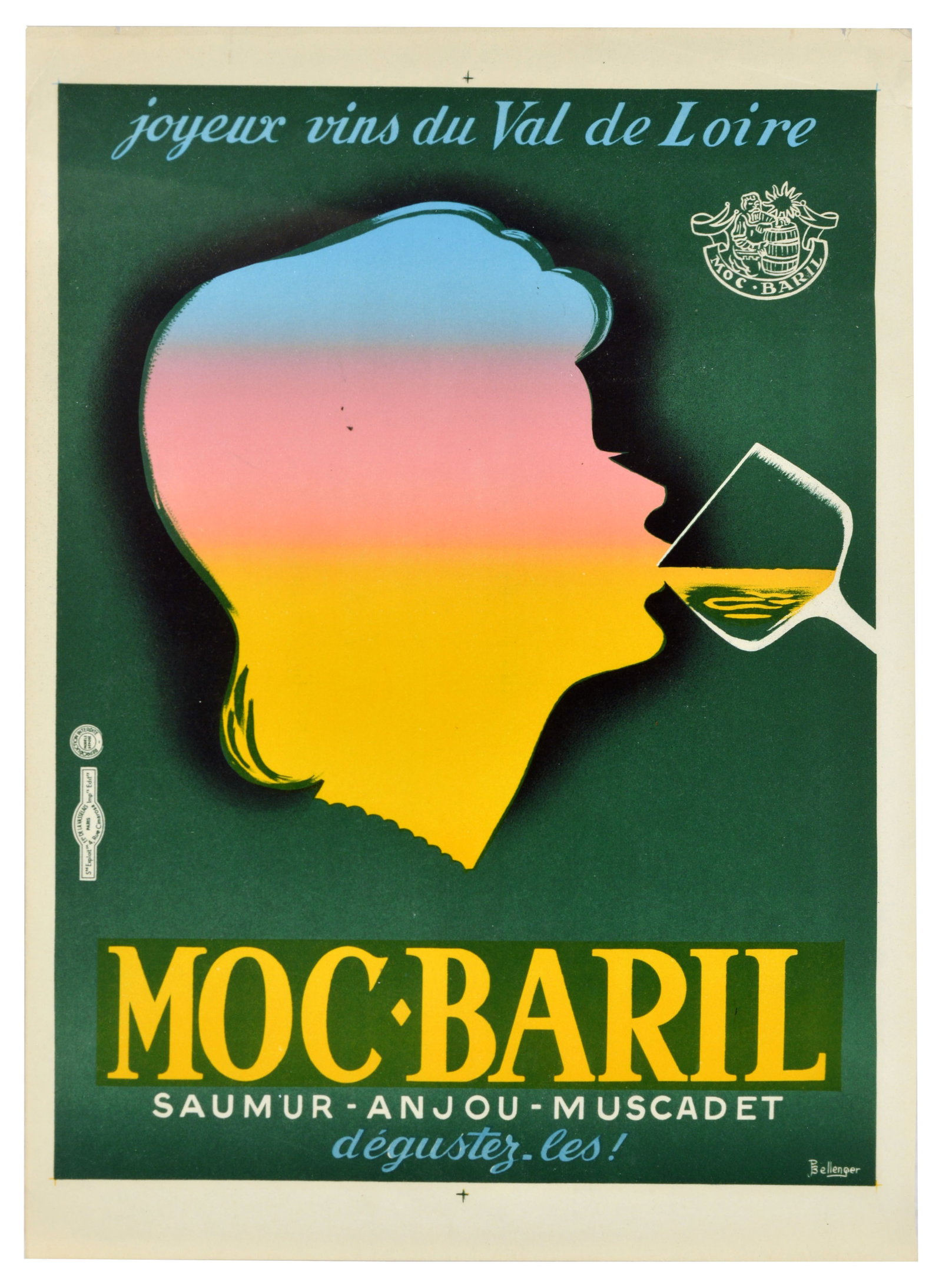 Advertising Poster Moc Baril Loire Valley Wine France: Original vintage drink advertising poster for Moc-Baril, promoting the joyous wines of the Loire Valley / joyeux vins du Val de Loire. The striking mid-century design features a stylised silhouette of