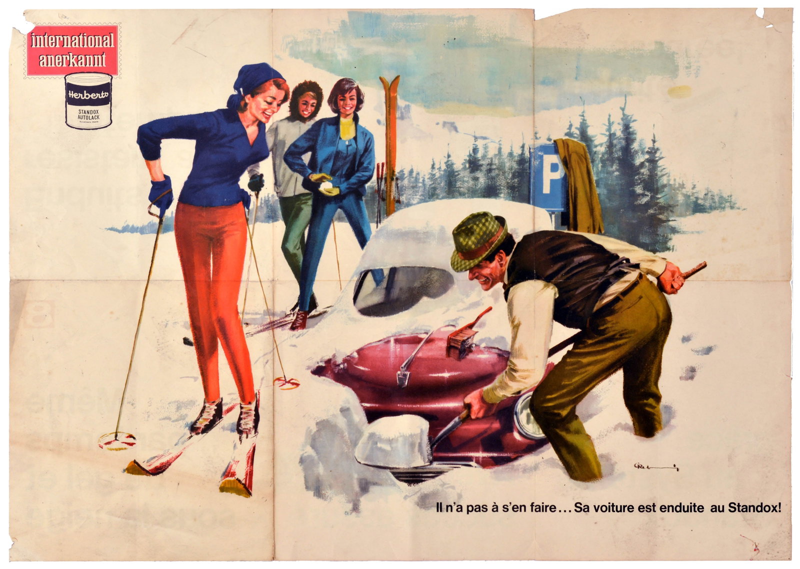 Advertising Poster Herberts Standox Autolack Skiers Alpine Snow: Original vintage advertising poster for Standox autolack, a premium car paint brand from the Herberts company (now part of Axalta). The poster features a humorous and vibrant mid-century narrative set