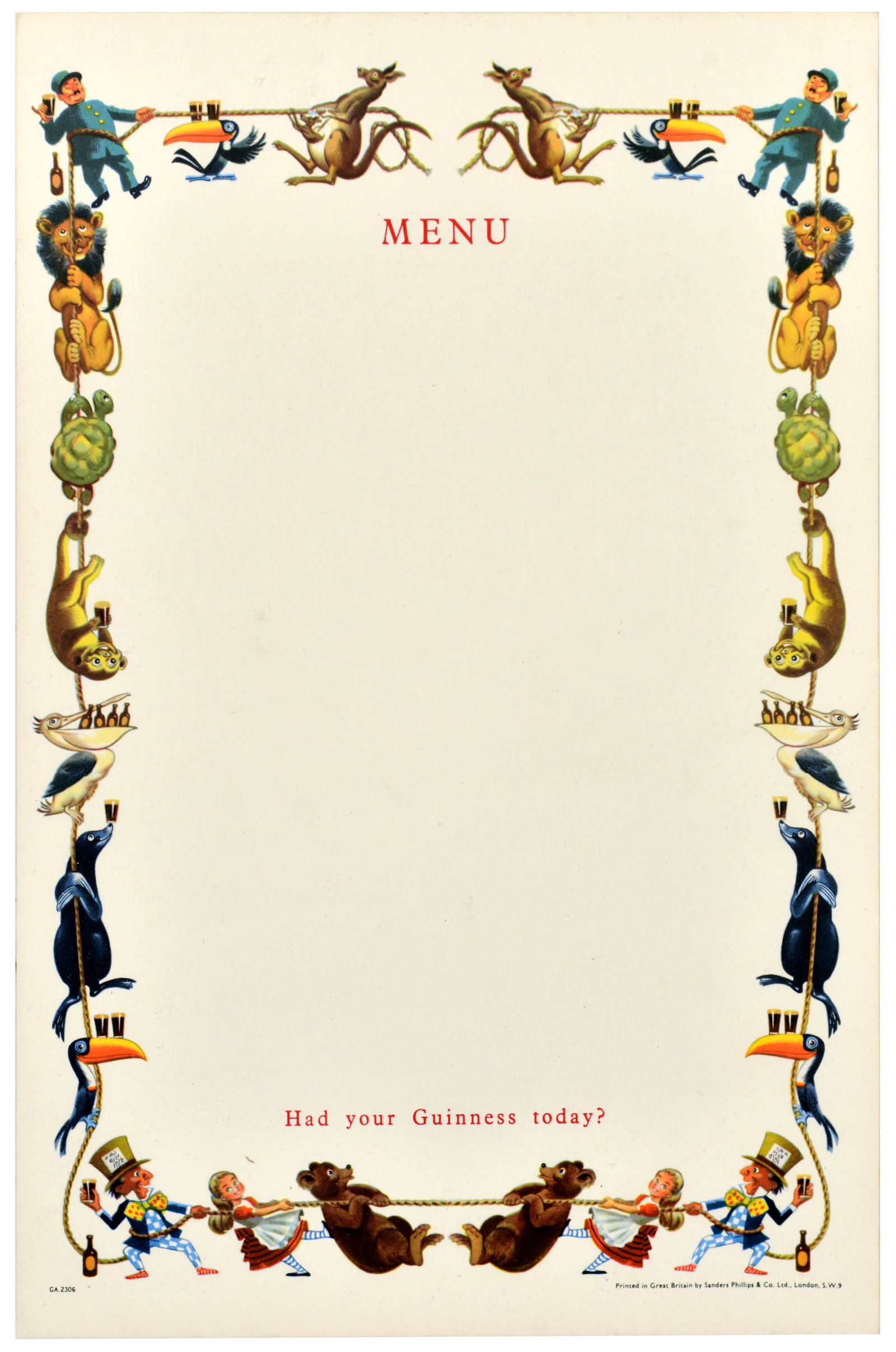 Advertising Poster Guinness Menu Beer Alice In Wonderland Animals (1 of 1)