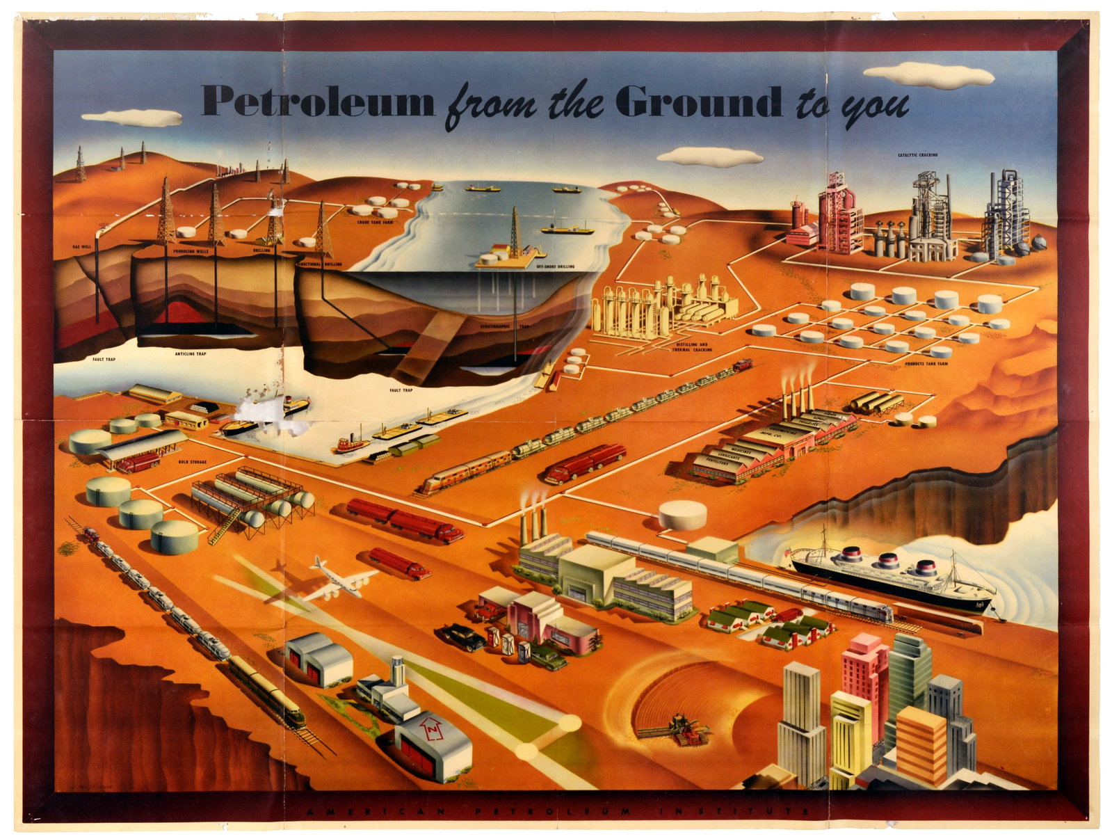 Advertising Poster Petrochemicals Oil Exploration USA American Petroleum Institute: Original mid-century vintage educational chart issued by the American Petroleum Institute, titled Petroleum from the Ground to You, featuring detailed cross-section diagram charting the entire industr