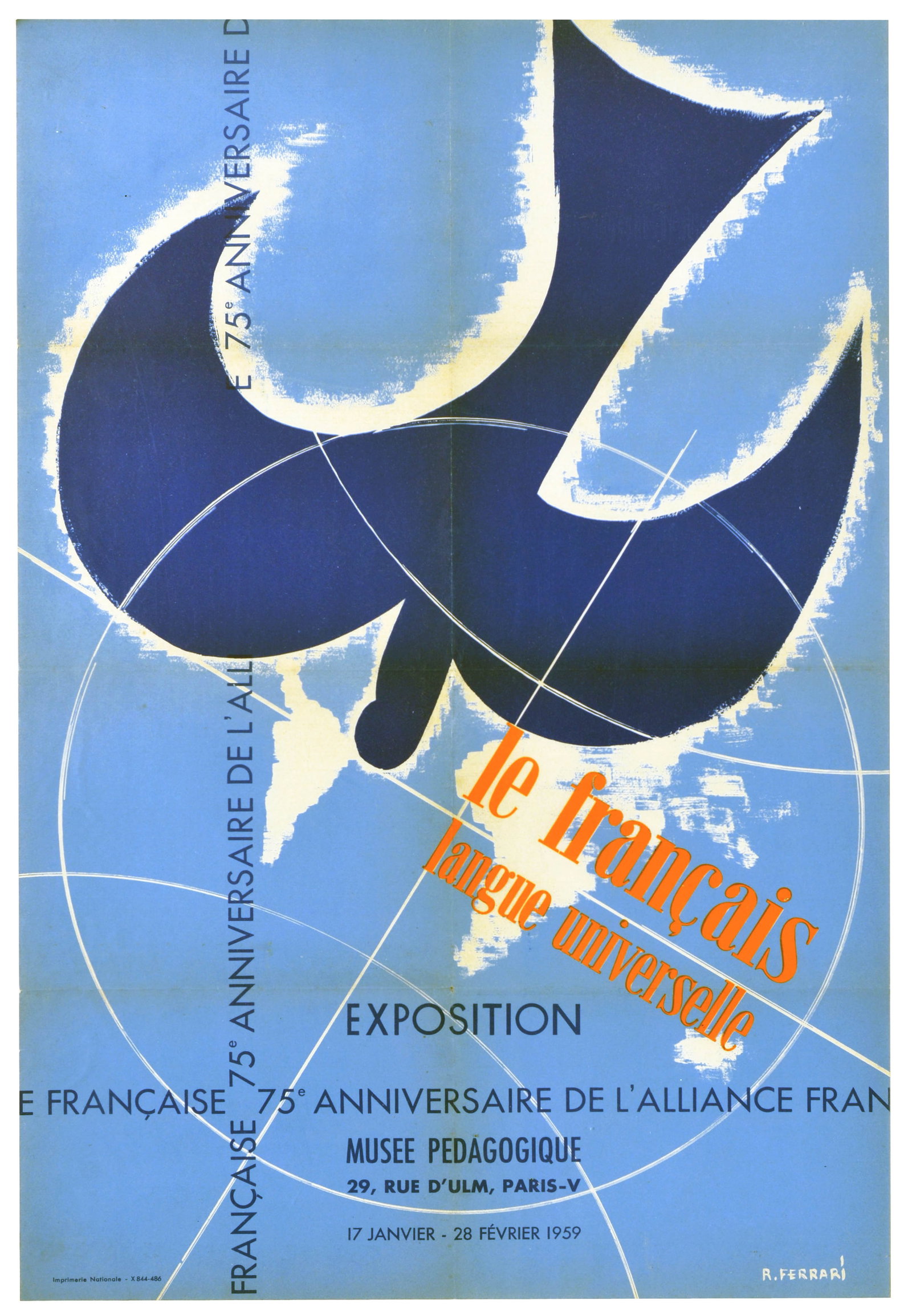 Advertising Poster French Universal Language Exhibition Ferrari: Original vintage exhibition poster celebrating the 75e Anniversaire de l'Alliance Francaise / 75th Anniversary of the Alliance Francaise with the themed showcase Le francais langue universelle / Frenc