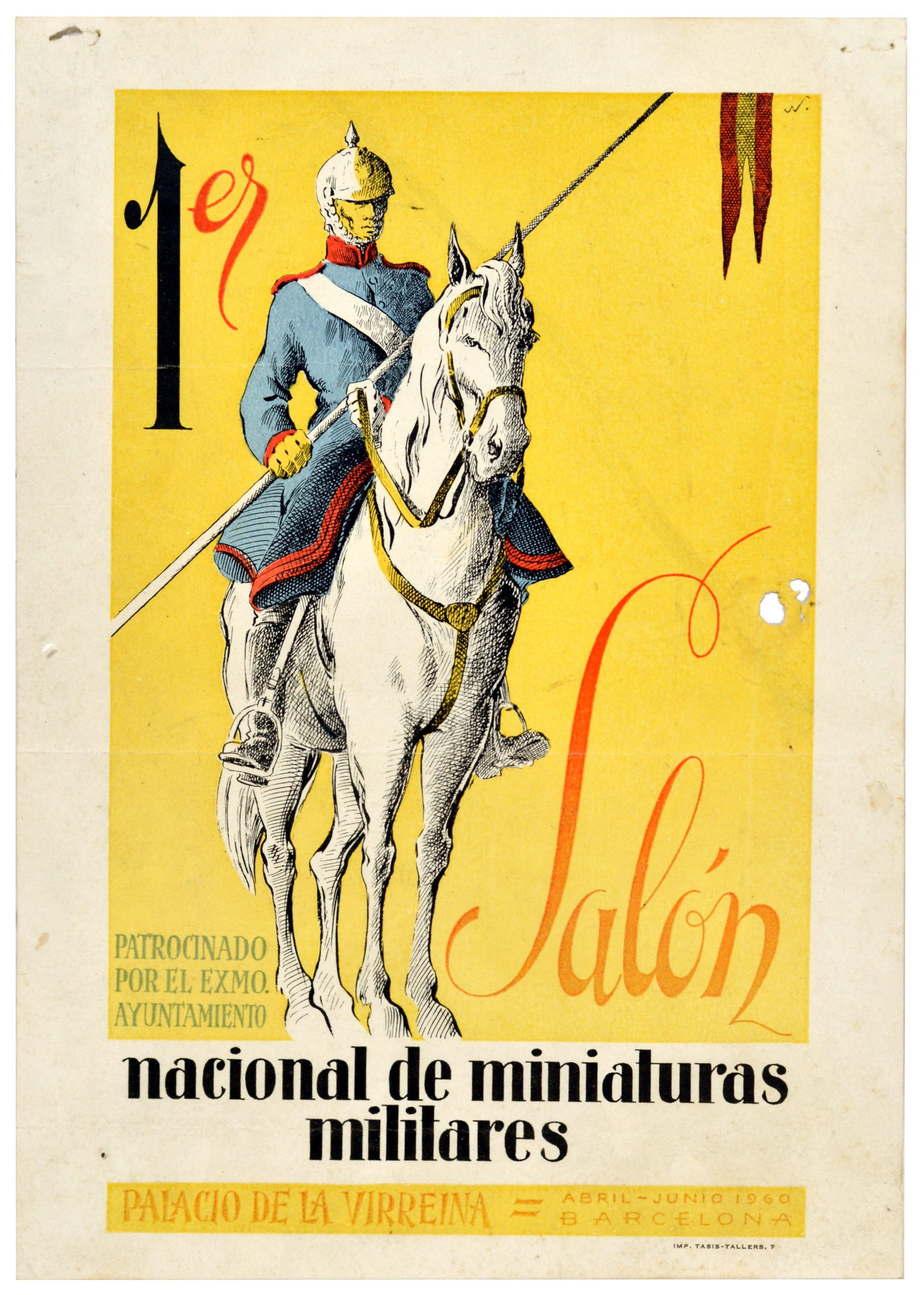 Advertising Poster Military Miniatures Toy Soldiers Exhibition Cavalry Barcelona Spain Soldier: Original vintage exhibition poster advertising the 1er Salon Nacional de Miniaturas Militares / 1st National Exhibition of Military Miniatures held from April to June 1960 at Virreina Palace in Barcel