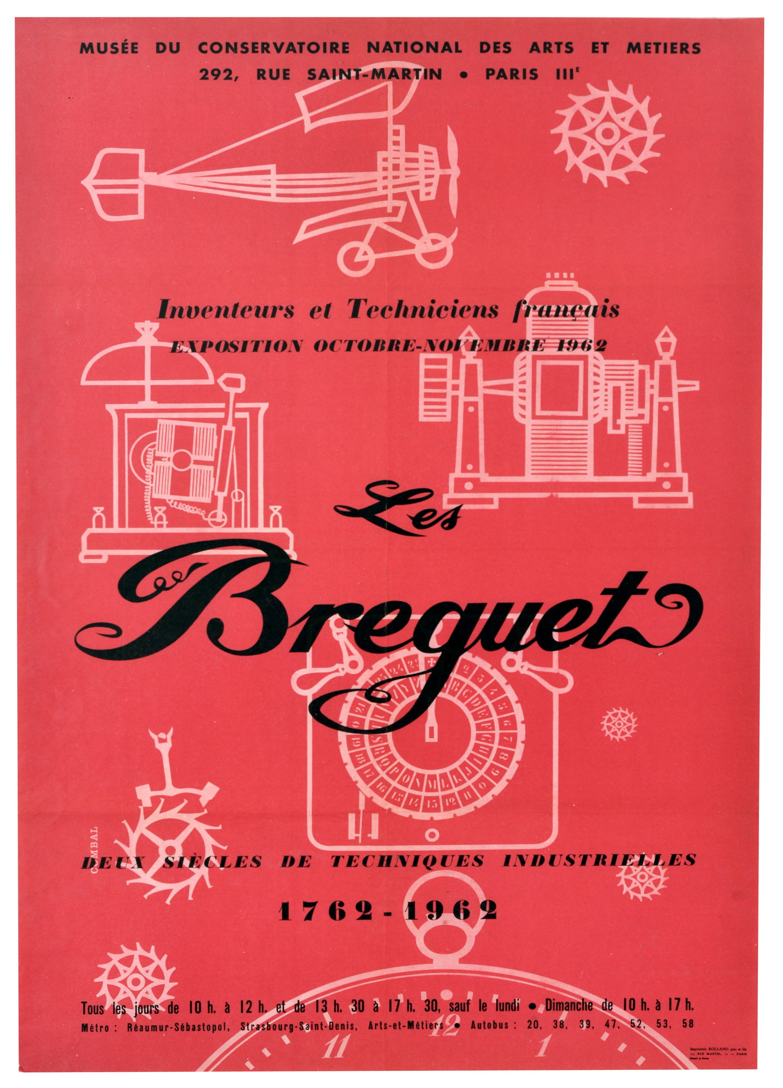 Advertising Poster Breguet Watch Clock Airplane Inventors France: Original vintage exhibition poster for Les Breguet: Inventeurs et Techniciens francais / The Breguets: French Inventors and Technicians held at the Musee du Conservatoire National des Arts et Metiers 