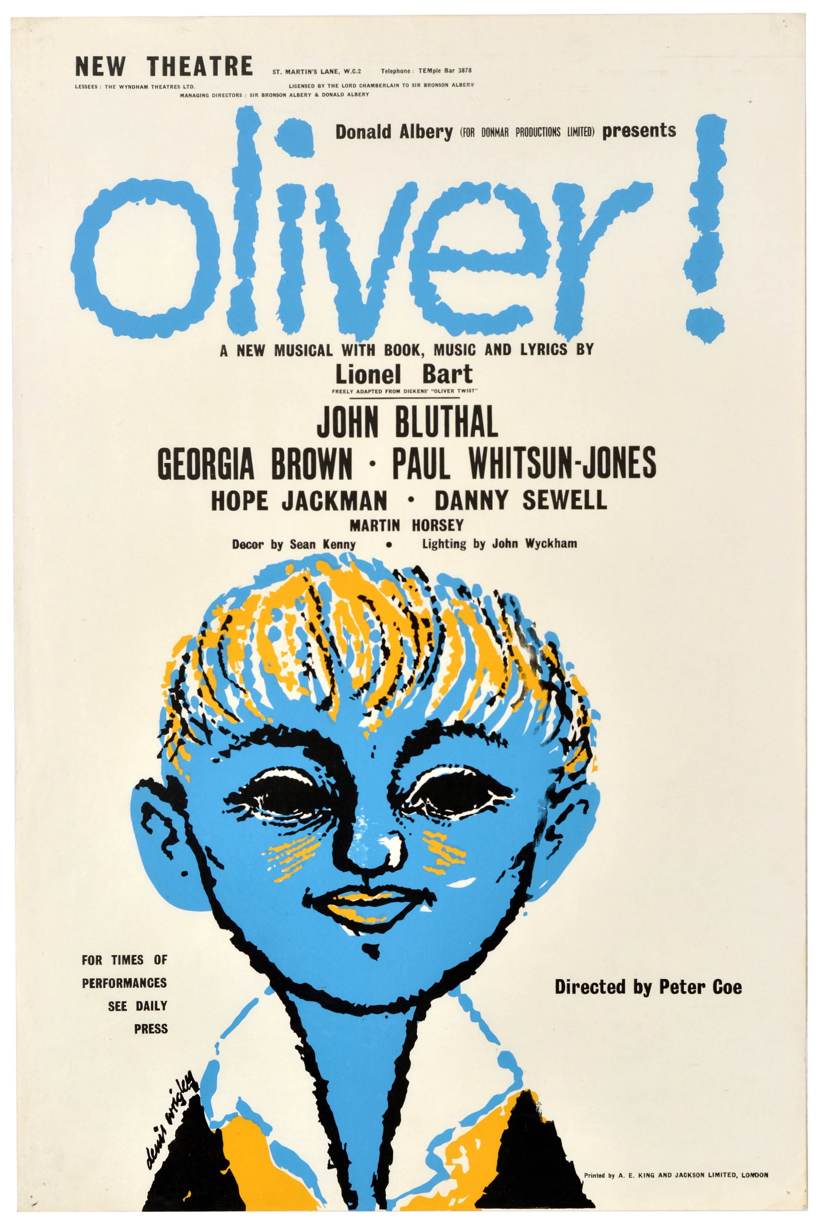 Advertising Poster Oliver Twist Lionel Bart Theatre Musical: Original vintage theatre poster for the world premiere production of the musical Oliver!, presented by Donald Albery at the New Theatre (now the Noel Coward Theatre) in London. This iconic mid-century