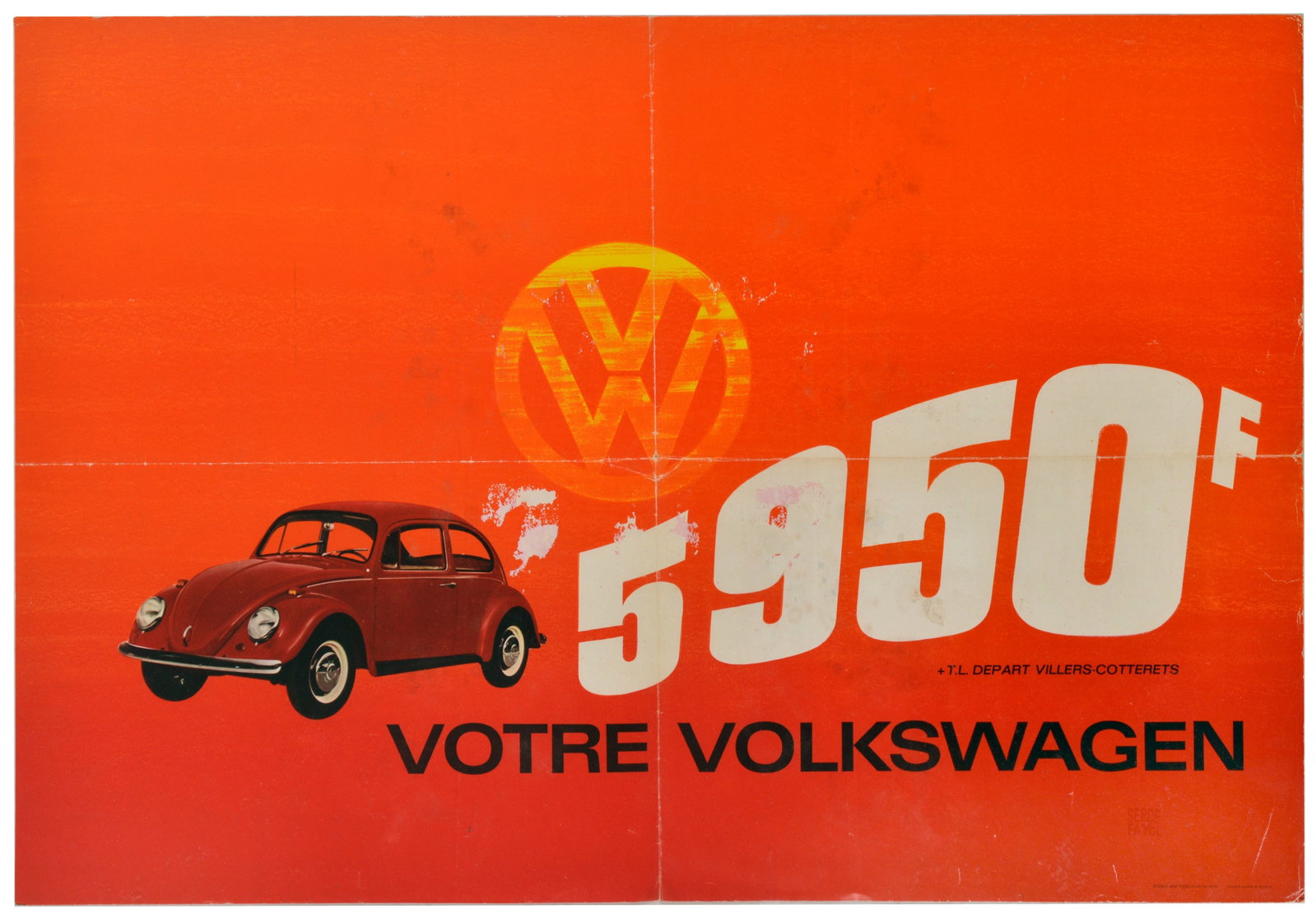 Advertising Poster Volkswagen Beatle VW Bug: Original vintage advertising poster for the iconic German automobile manufacturer Volkswagen, issued for the French market, featuring a classic red Volkswagen Beetle sedan set alongside the vehicle's 