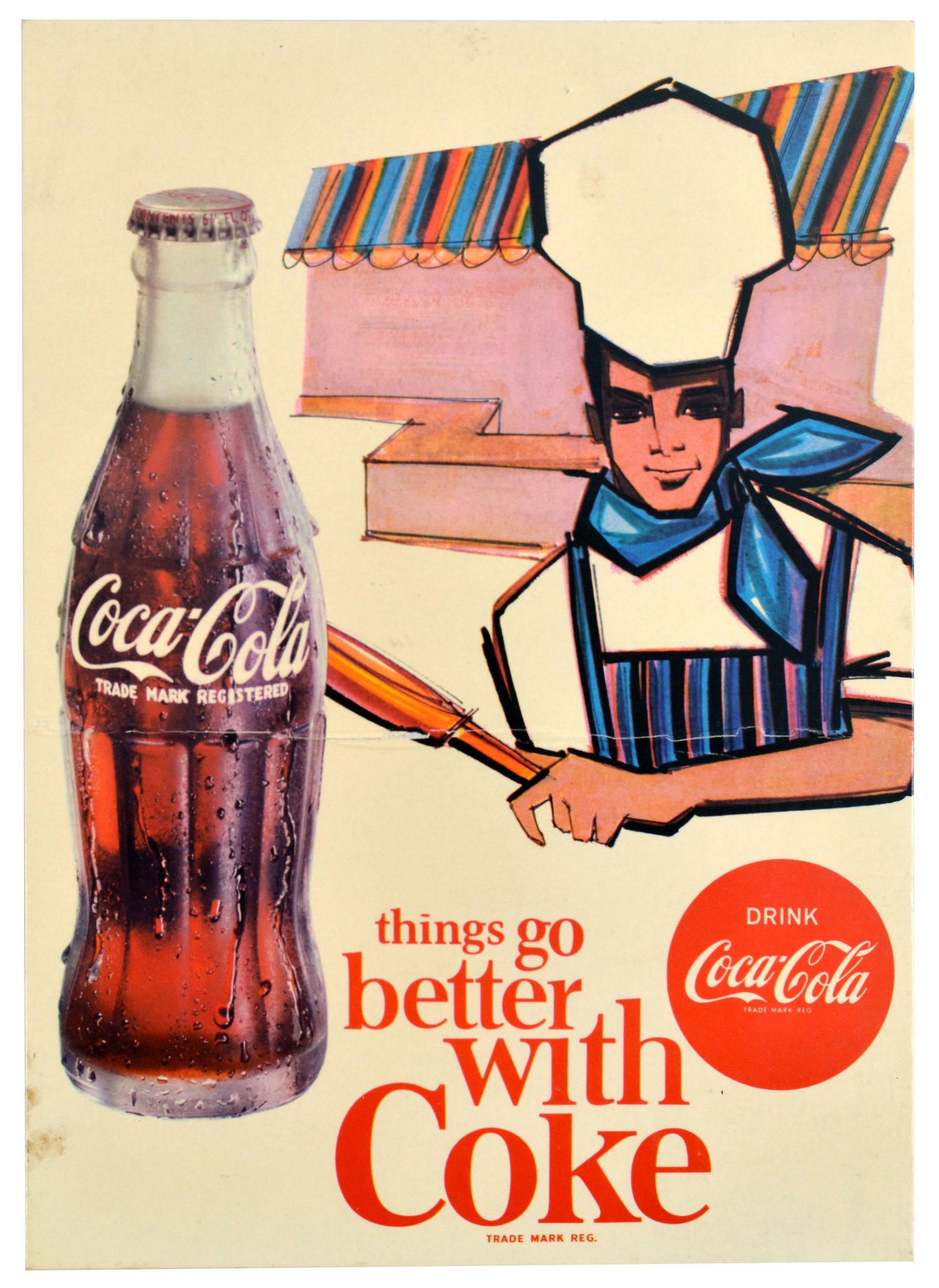 Advertising Poster Coca Cola Chef Things Go Better With Coke: Original vintage advertising poster for Coca-Cola - Things Go better With Coke - Design features an illustration of a smiling chef in a tall white hat and blue neckerchief, holding a pan in front of a