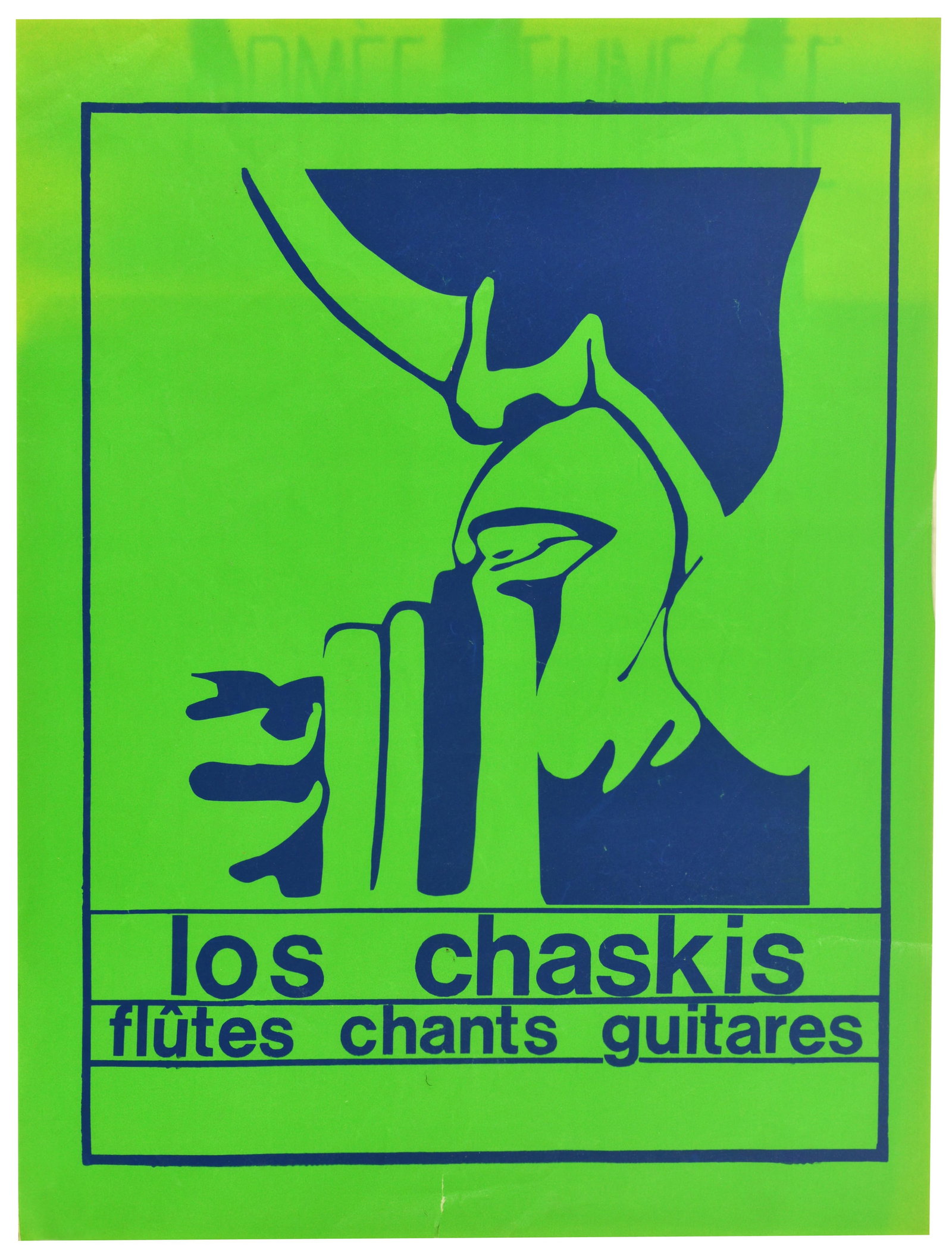 Advertising Poster Los Chaskis Argentinian Folk Band Green: Original vintage advertising poster for the Argentinian folk group Los Chaskis. This bold and minimalist graphic design features a striking two-tone composition in vibrant green and deep blue, depicti