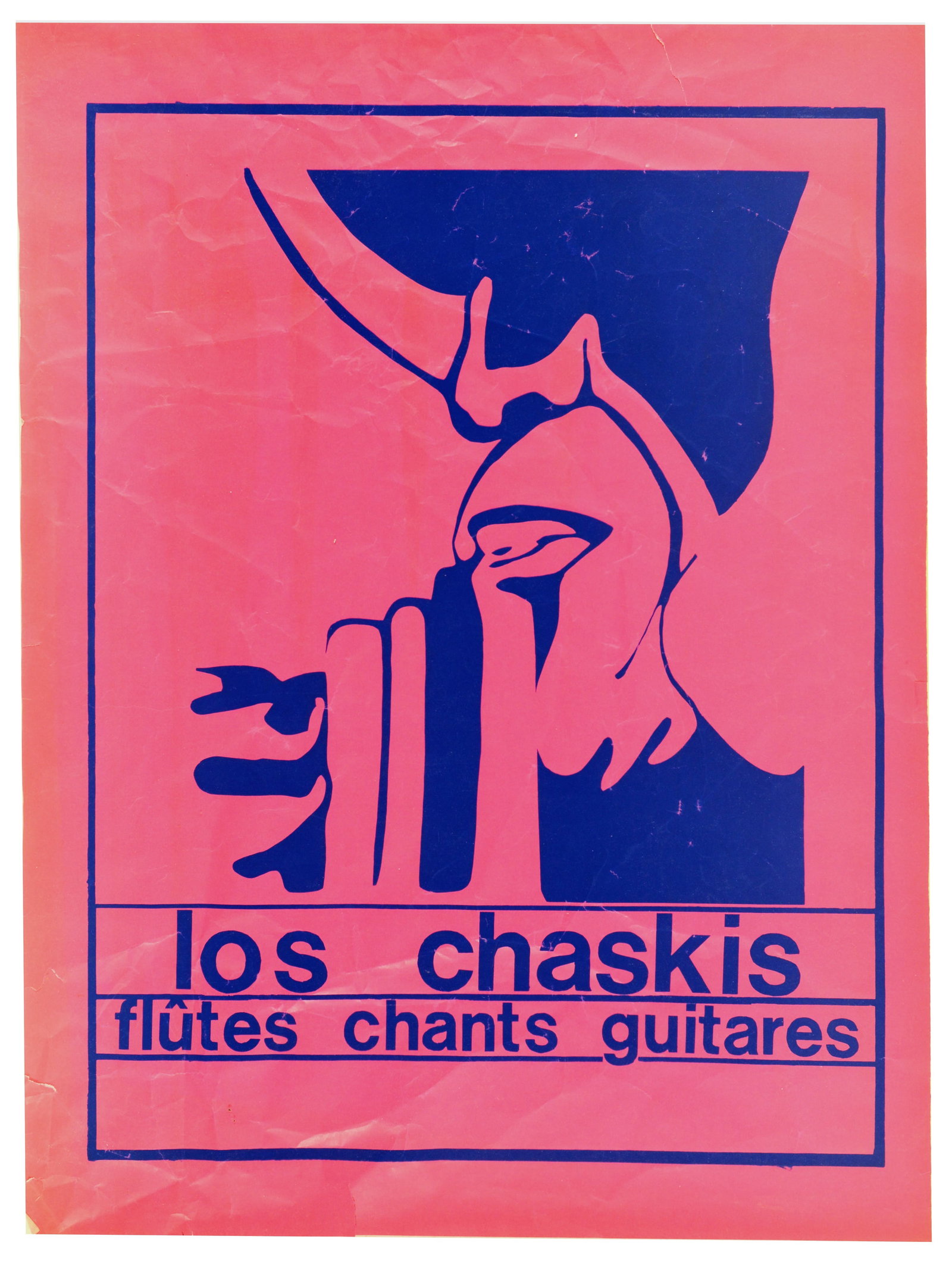 Advertising Poster Los Chaskis Argentinian Folk Band Pink: Original vintage advertising poster for the Argentinian folk group Los Chaskis. This bold and minimalist graphic design features a striking two-tone composition in vibrant pink and deep blue, depictin