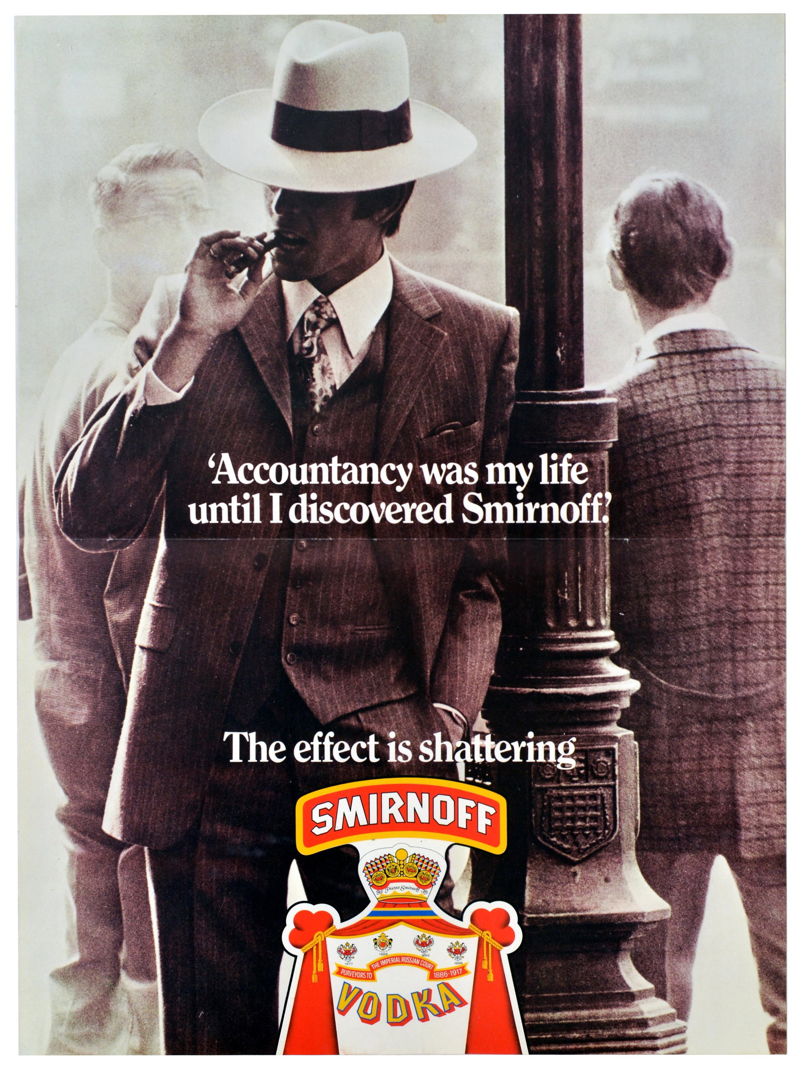 Advertising Poster Smirnoff Vodka Accountancy Alcohol: Original vintage drink advertising poster for Smirnoff, the renowned vodka brand founded in Moscow. Smirnoff uses a humorous advertising slogan here - "Accountancy was my life until I discovered Smirn