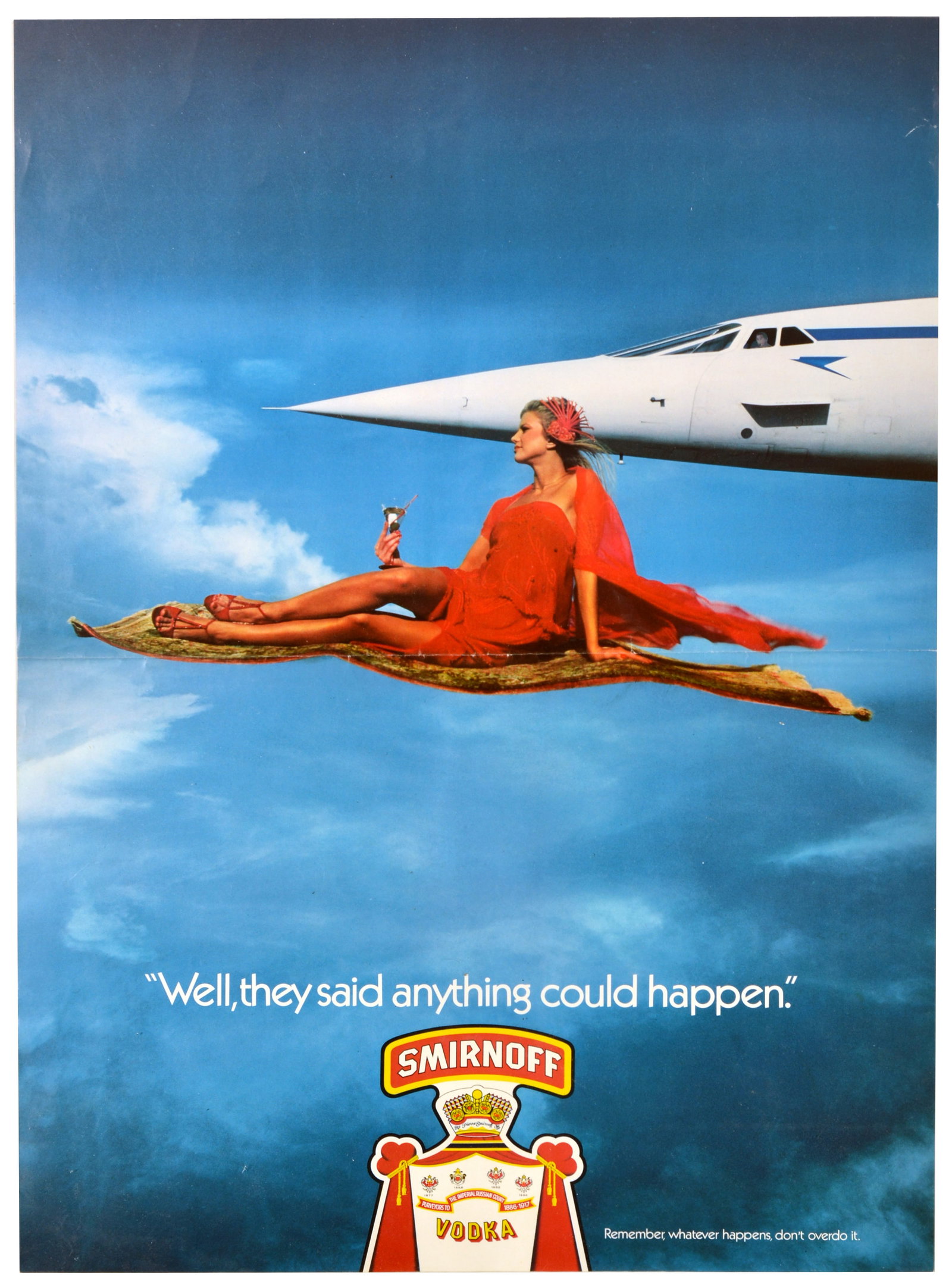 Advertising Poster Smirnoff Vodka Concorde Magic Carpet Alcohol: Original vintage drink advertising poster for Smirnoff, the renowned vodka brand founded in Moscow. Smirnoff uses a humorous advertising slogan - "Well, they said anything could happen. Remember, what