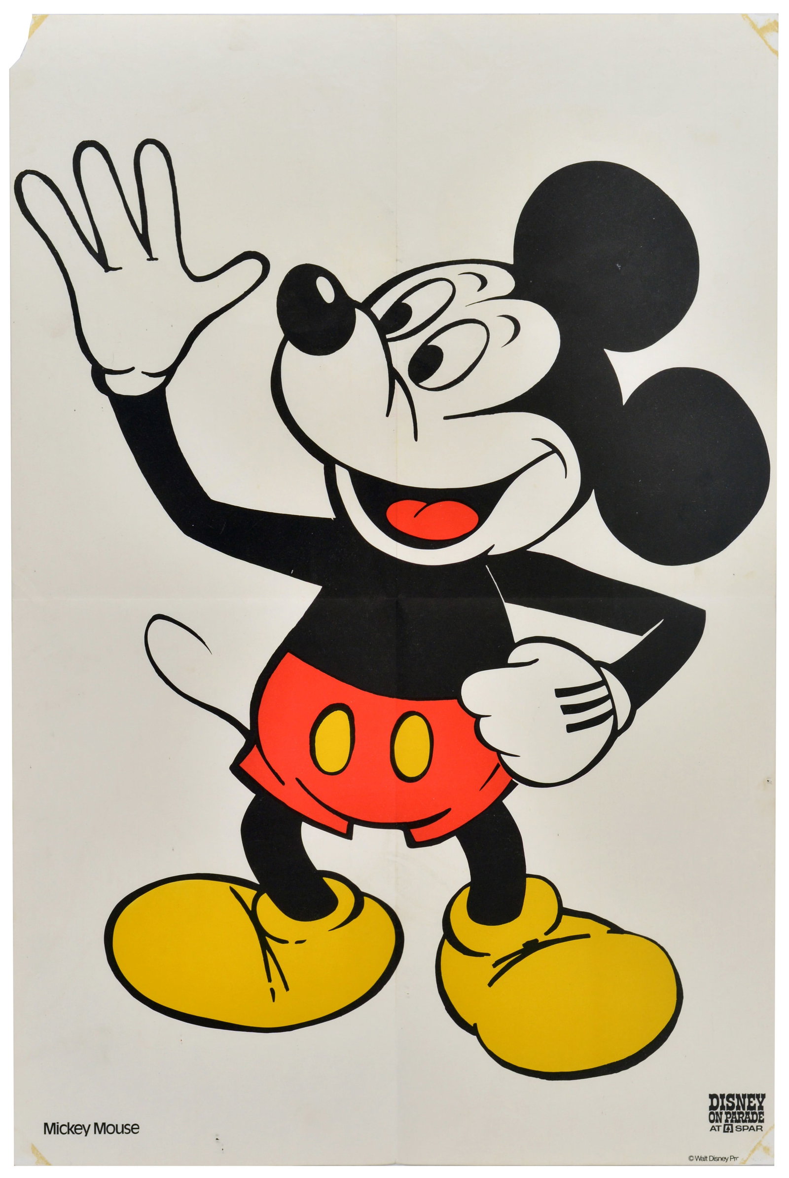 Advertising Poster Mickey Mouse Walt Disney SPAR Cartoon: Original vintage advertising poster for Disney on Parade at SPAR, featuring an iconic illustration of Mickey Mouse in his classic pose - grinning broadly and waving a white-gloved hand in a friendly g