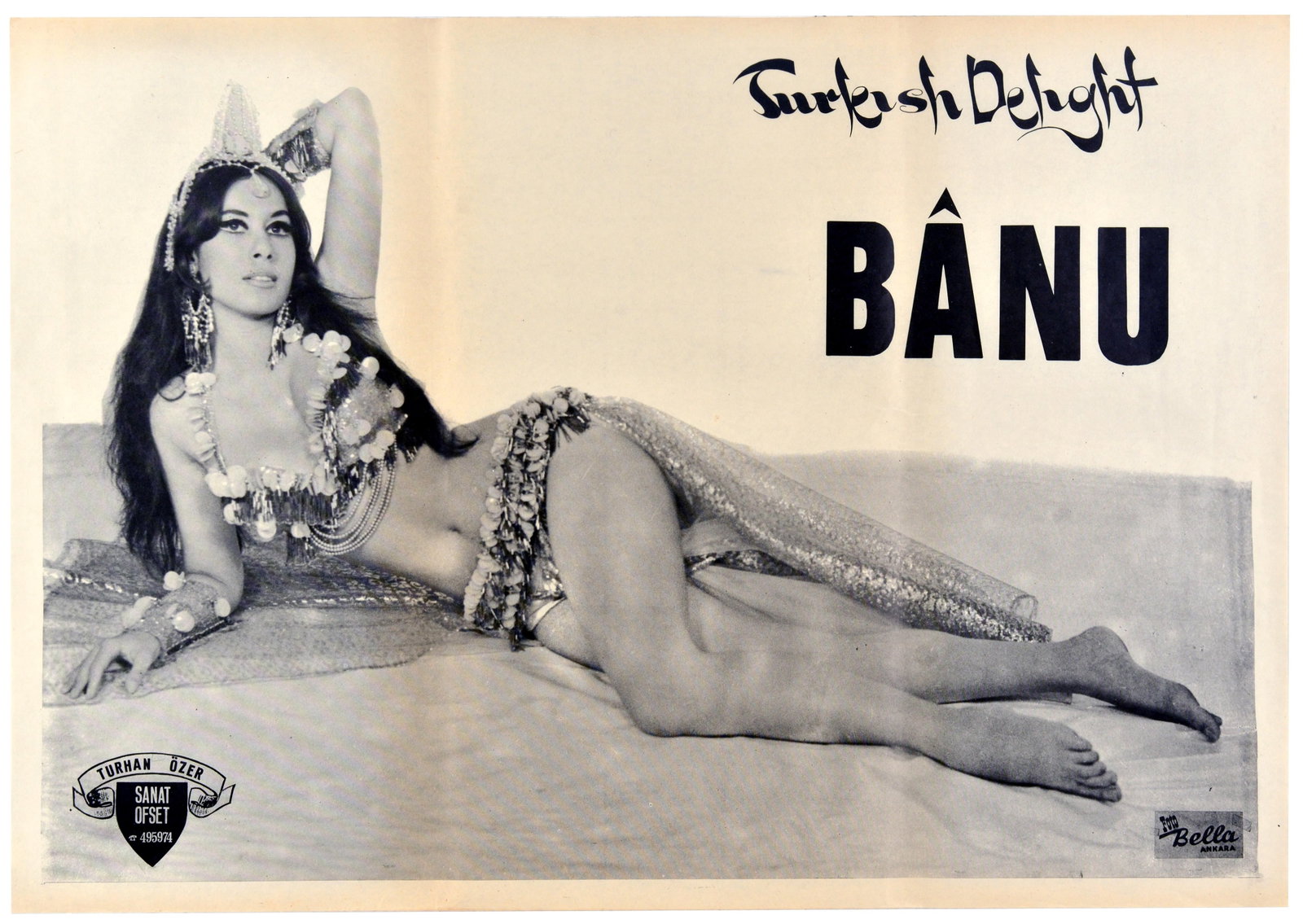 Advertising Poster Princess Banu Turkish Belly Dancer Oriental: Original vintage entertainment advertising poster for Banu, the legendary Turkish Princess of Belly Dance. The monochrome design features a captivating full-length portrait of the dancer, reclining in