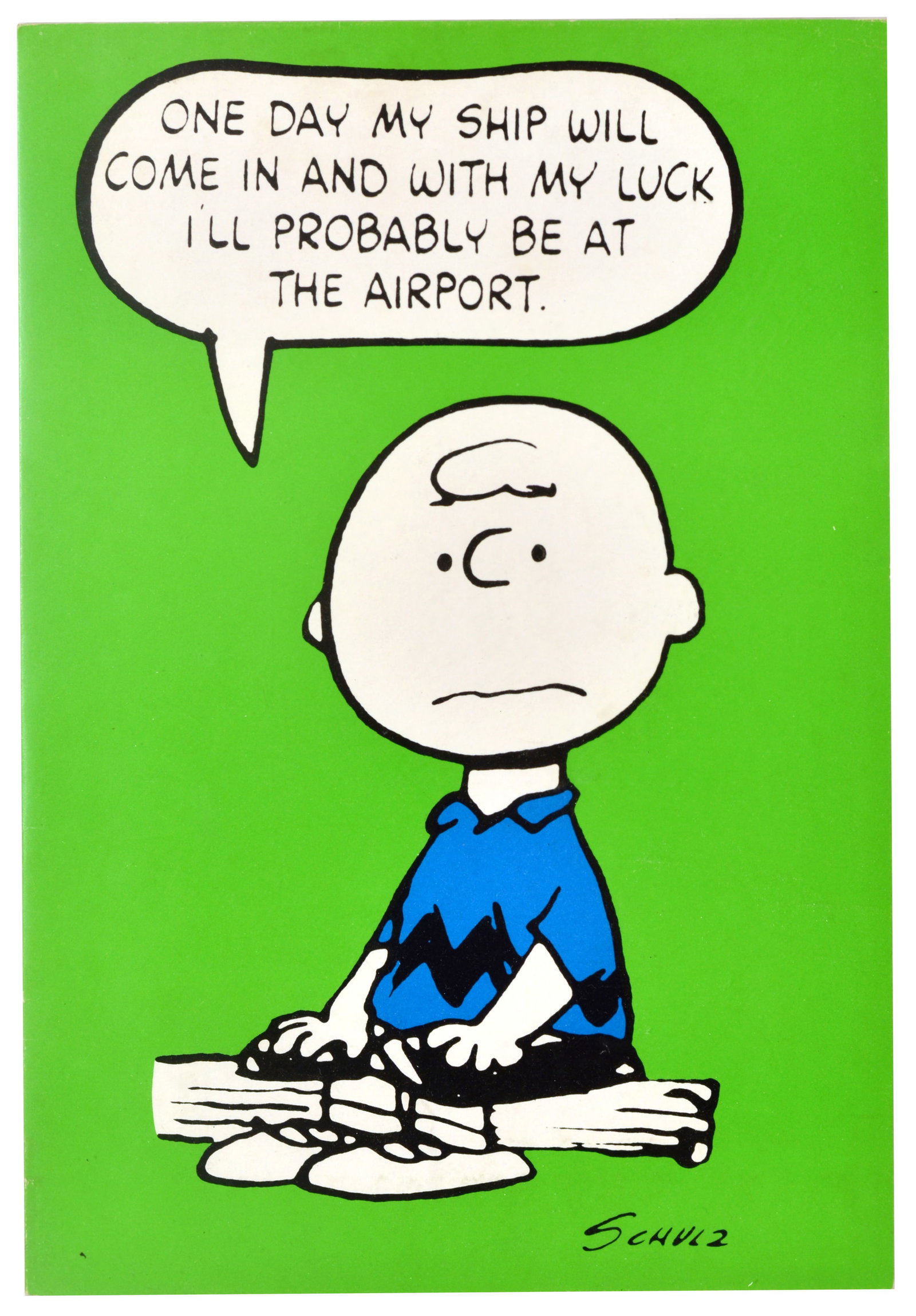 Greetings Card Ship Airport Charlie Brown Snoopy Peanuts Schulz Card: Original large vintage greeting card with envelope featuring the beloved Peanuts character Charlie Brown by the notable American cartoonist Charles M. Schulz (1922-2000), depicting frowning Charlie Br