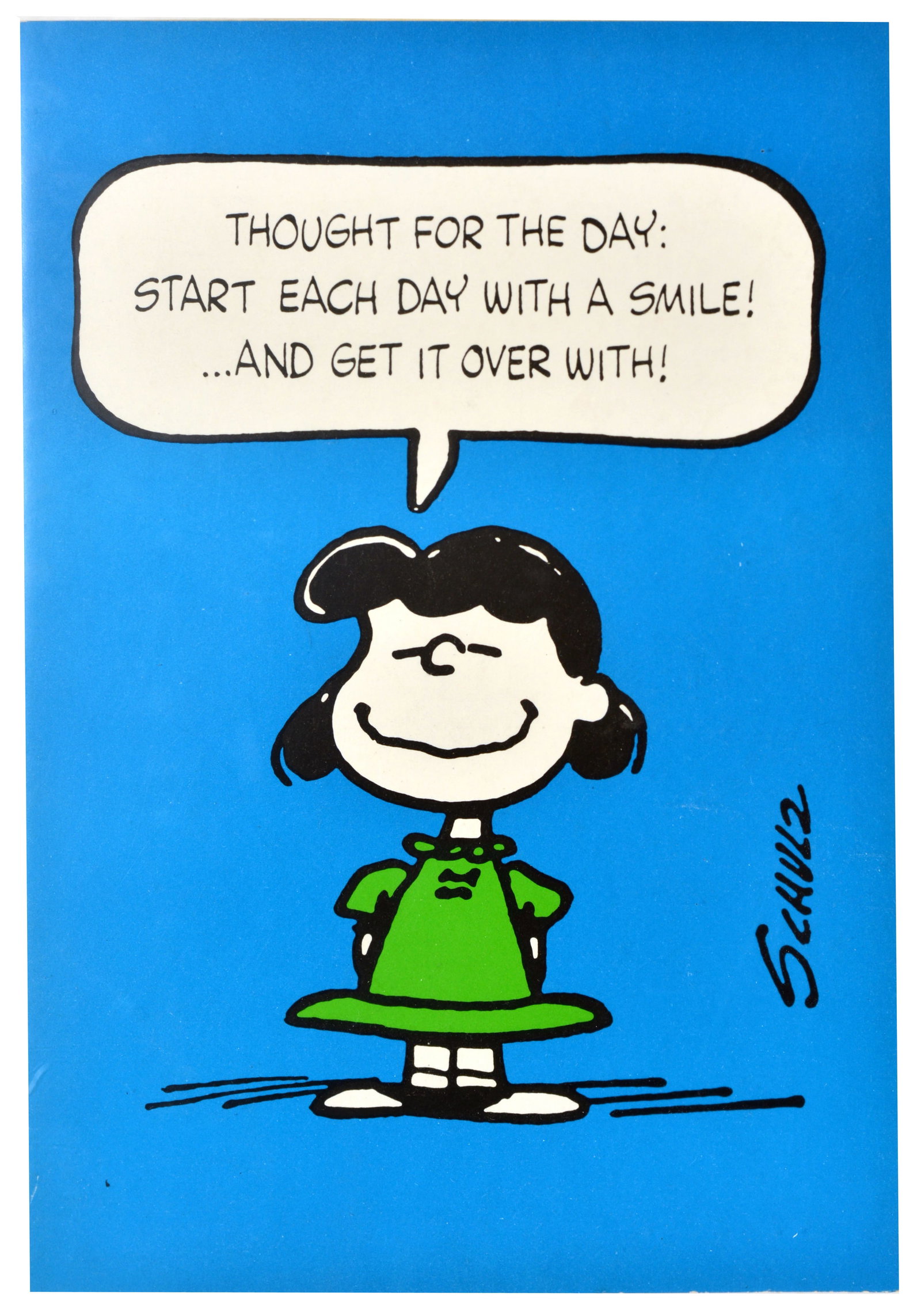 Greetings Card Birthday Lucy van Pelt Snoopy Peanuts Schulz Card: Original large vintage greeting card with envelope featuring the beloved Peanuts character Lucy van Pelt by the notable American cartoonist Charles M. Schulz (1922-2000), depicting a grinning Lucy wea