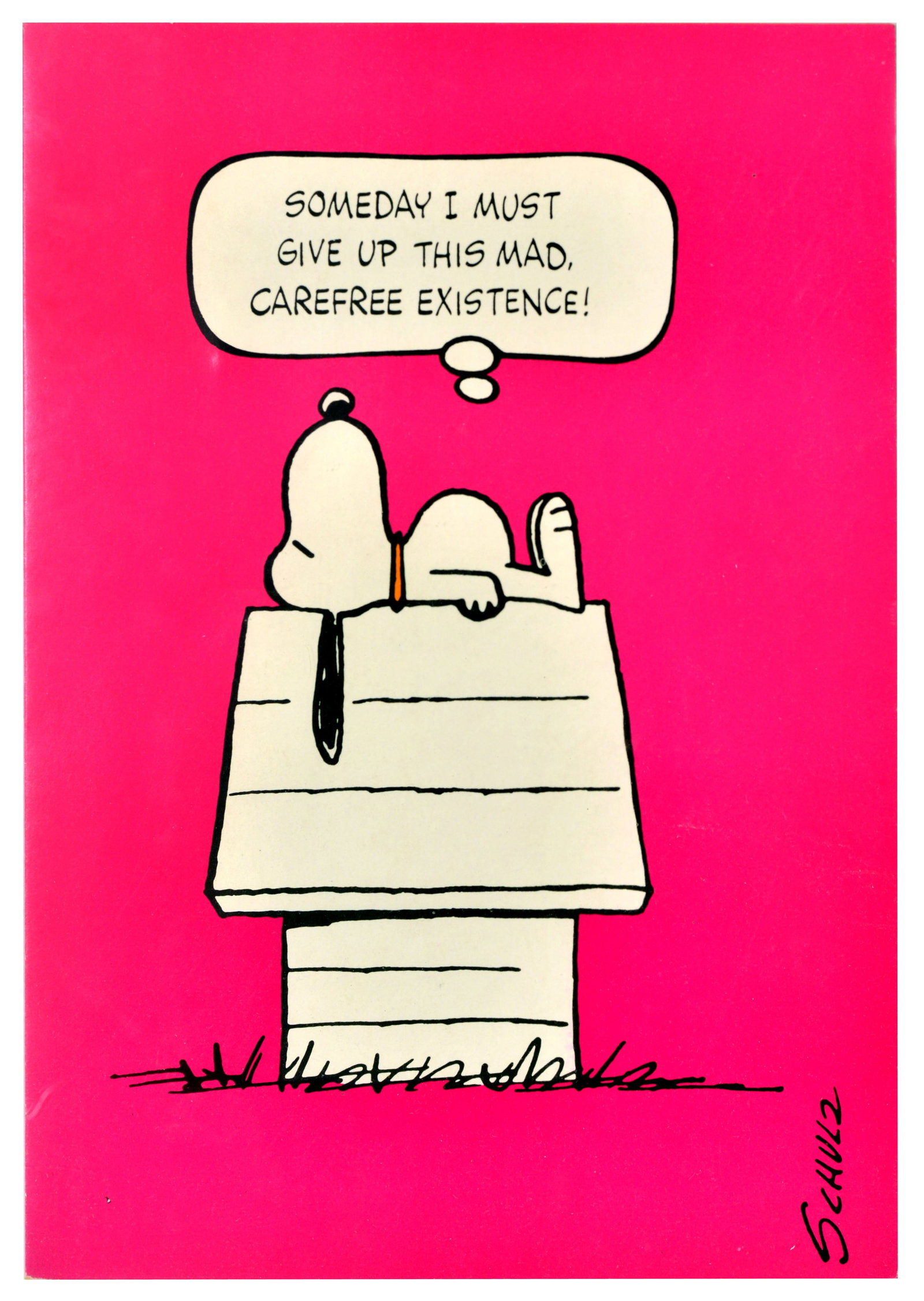 Greetings Card Carefree Existence Birthday Snoopy Peanuts Schulz Card: Original large vintage greeting card with envelope featuring the beloved Peanuts character Snoopy by the notable American cartoonist Charles M. Schulz (1922-2000), depicting Snoopy lazily resting on h