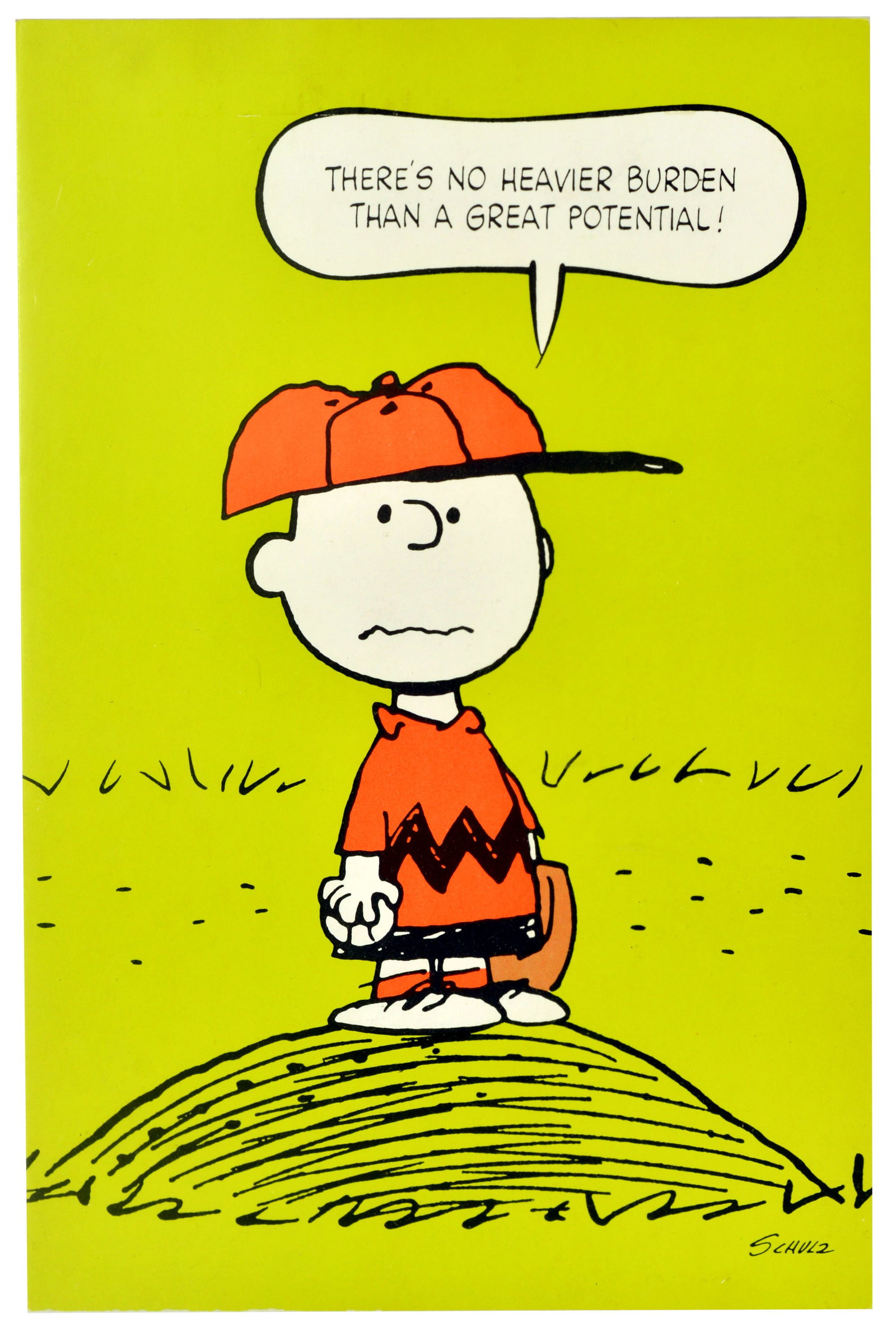 Greetings Card Great Potential Charlie Brown Snoopy Peanuts Schulz Card: Original large vintage greeting card with envelope featuring the beloved Peanuts character Charlie Brown by the notable American cartoonist Charles M. Schulz (1922-2000), depicting a frowning Charlie 
