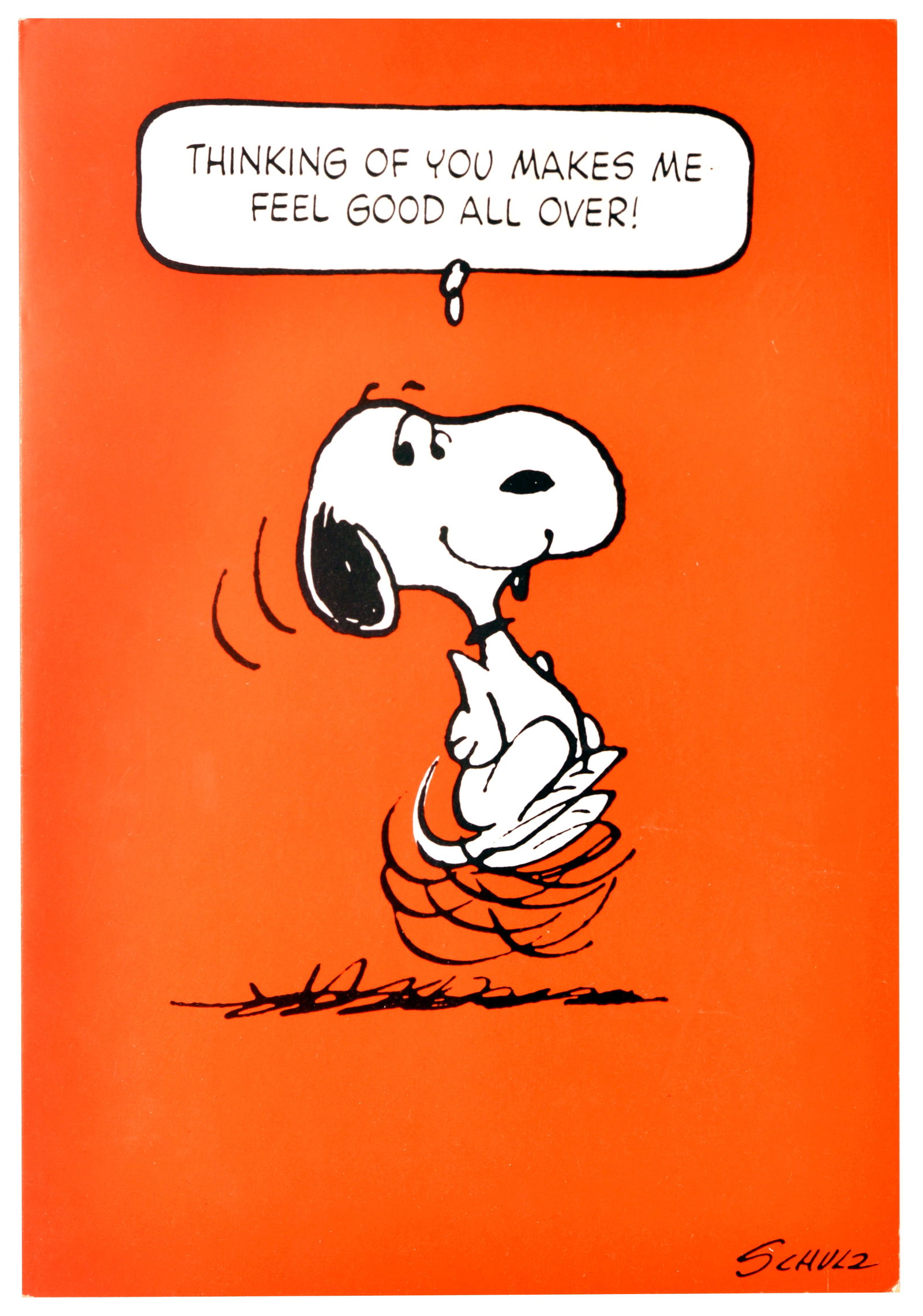 Greetings Card Thinking Of You Snoopy Peanuts Schulz Card: Original large vintage greeting card with envelope featuring the beloved Peanuts character Snoopy by the notable American cartoonist Charles M. Schulz (1922-2000), depicting a smiling Snoopy happily w