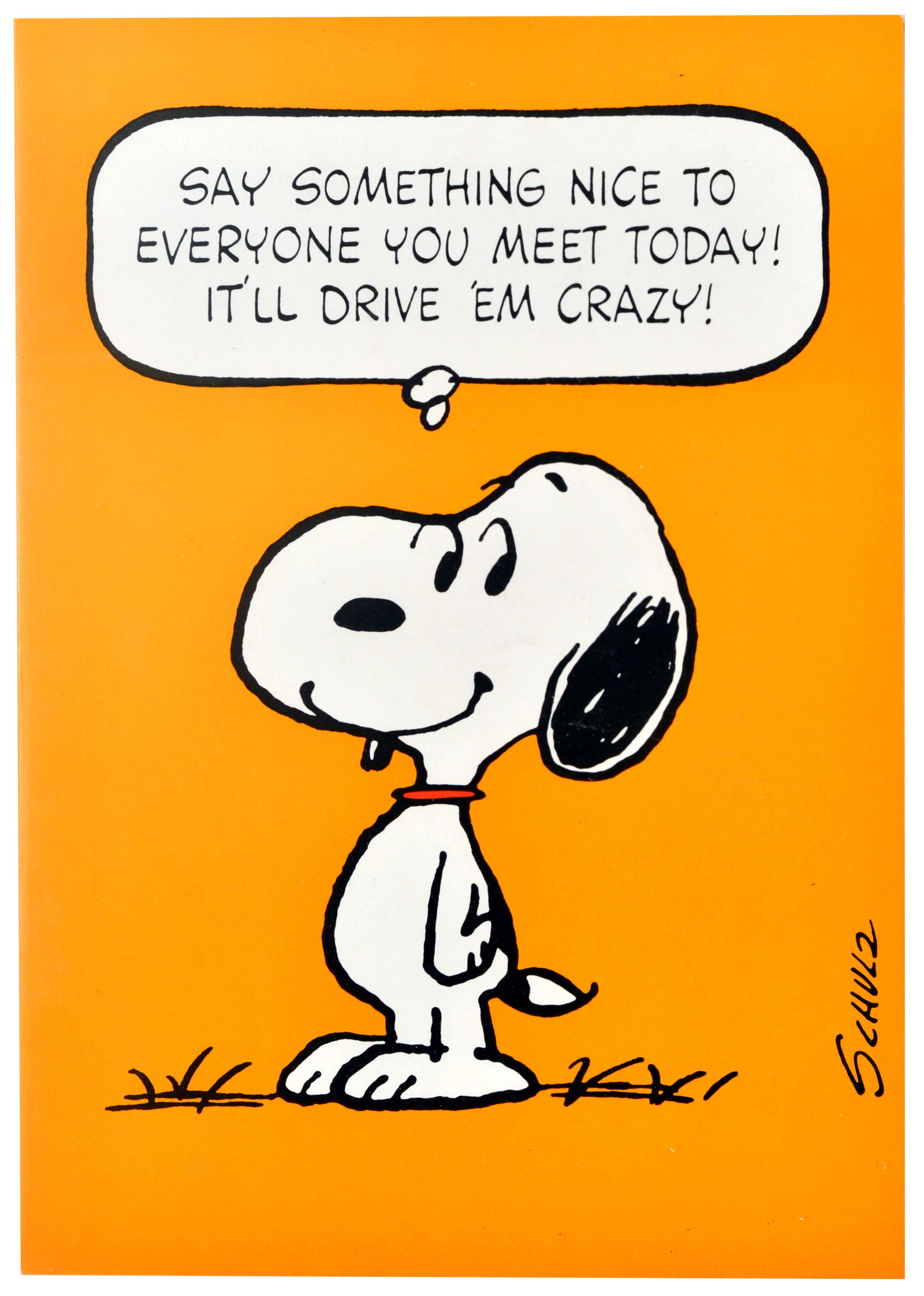 Greetings Card Something Nice Snoopy Peanuts Schulz Card: Original large vintage greeting card with envelope featuring the beloved Peanuts character Snoopy by the notable American cartoonist Charles M. Schulz (1922-2000), depicting a smirking Snoopy looking 