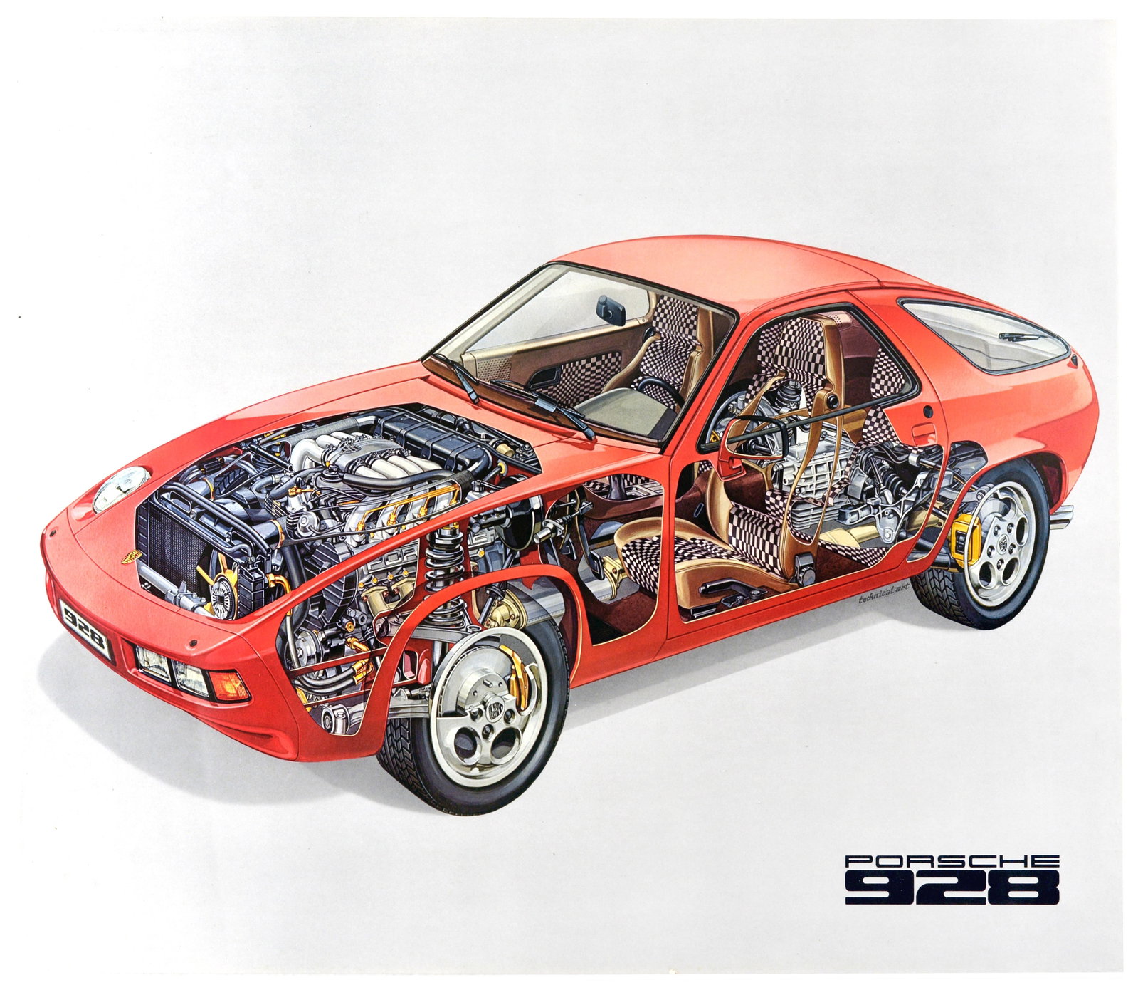 Advertising Poster Porsche 928 Cutaway Cutout Car Dealer: Original vintage car dealership advertising poster - Porsche 928 - featuring a cut out design showing both the exterior and interior of the sports car including the V8 engine and wheels, seating and i
