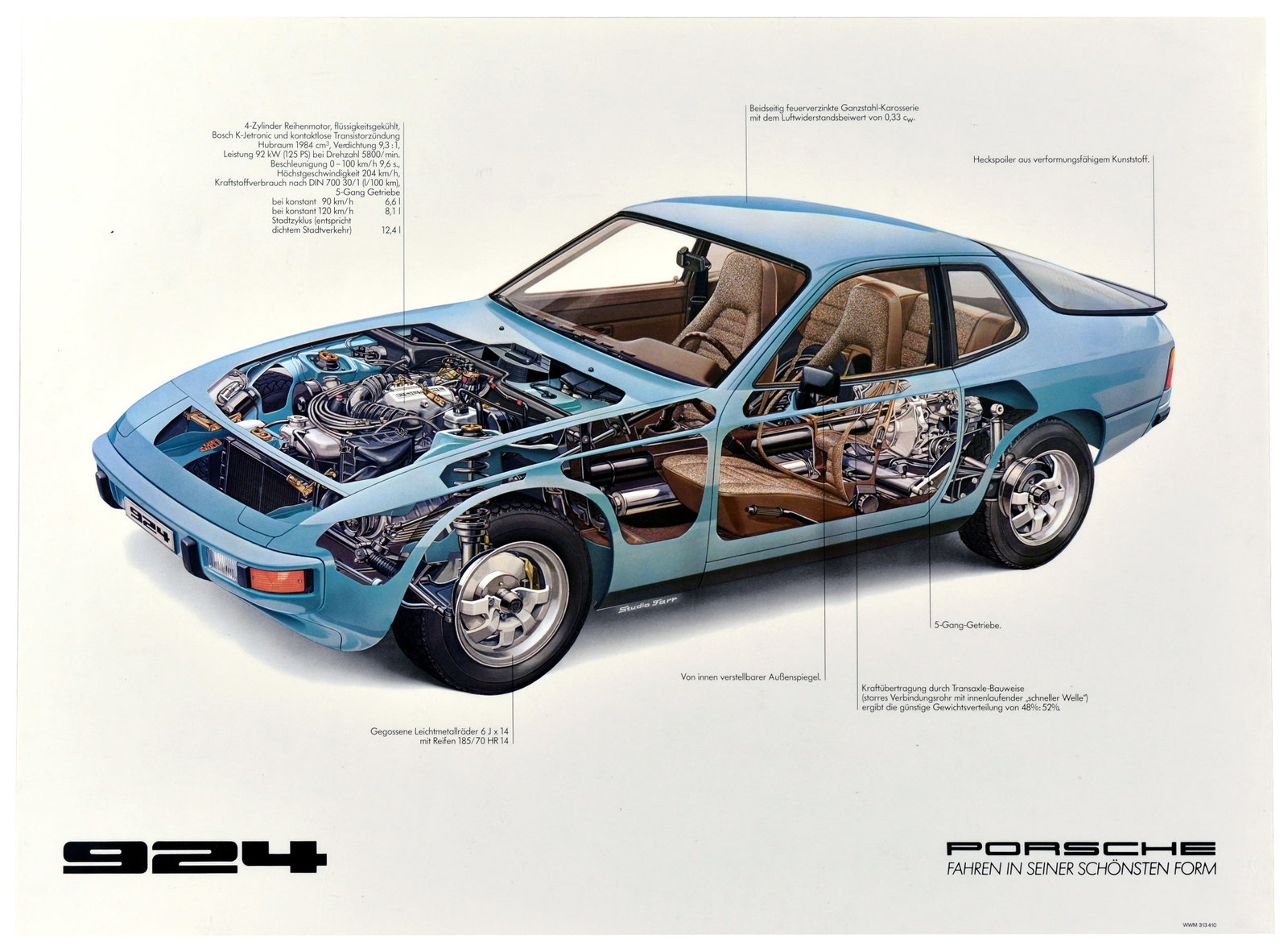 Advertising Poster Porsche 924 Cutaway Cutout Automobile Car Dealer Blue: Original vintage car dealer showroom or car mechanic poster for Porsche 924 featuring a detailed illustration of the automobile with cut outs portraying various car parts and systems. Porshe 924 was p