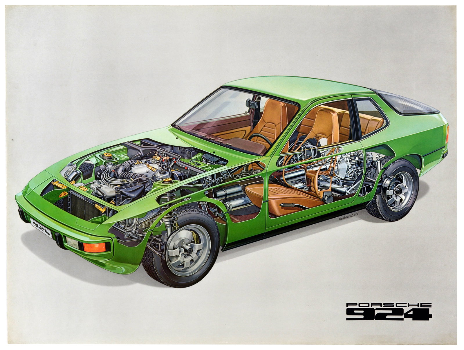 Advertising Poster Porsche 924 Cutaway Cutout Automobile Car Dealer Green: Original vintage car dealer showroom or car mechanic poster for Porsche 924 featuring a detailed illustration of the automobile with cut outs portraying various car parts and systems. Porshe 924 was p