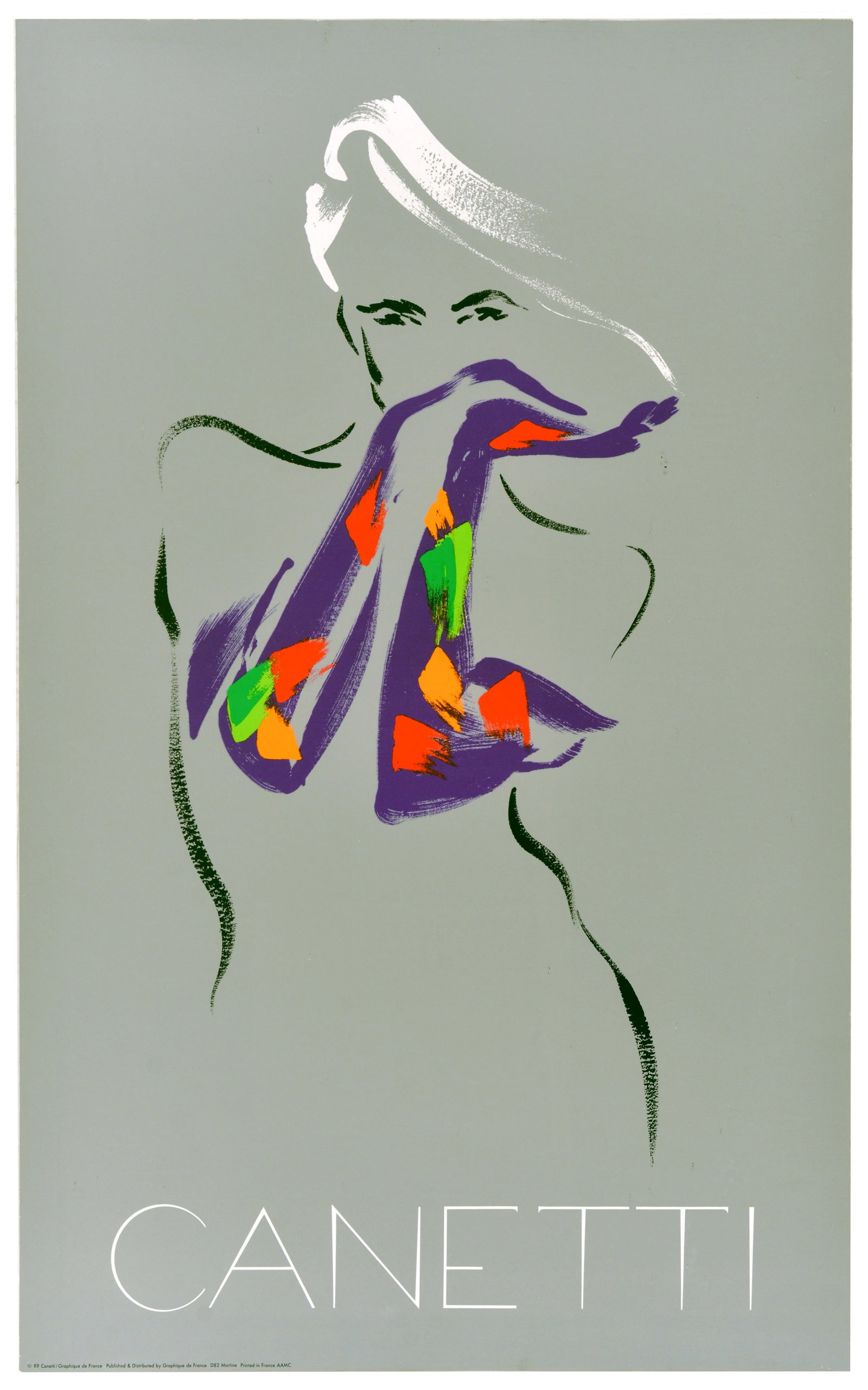 Advertising Poster Michel Canetti Purple Gloves Fashion Lady: Original vintage fashion advertising poster created by renowned French illustrator and artist Michel Canetti. The minimalist composition features elegant, fluid brushstrokes outlining the silhouette o