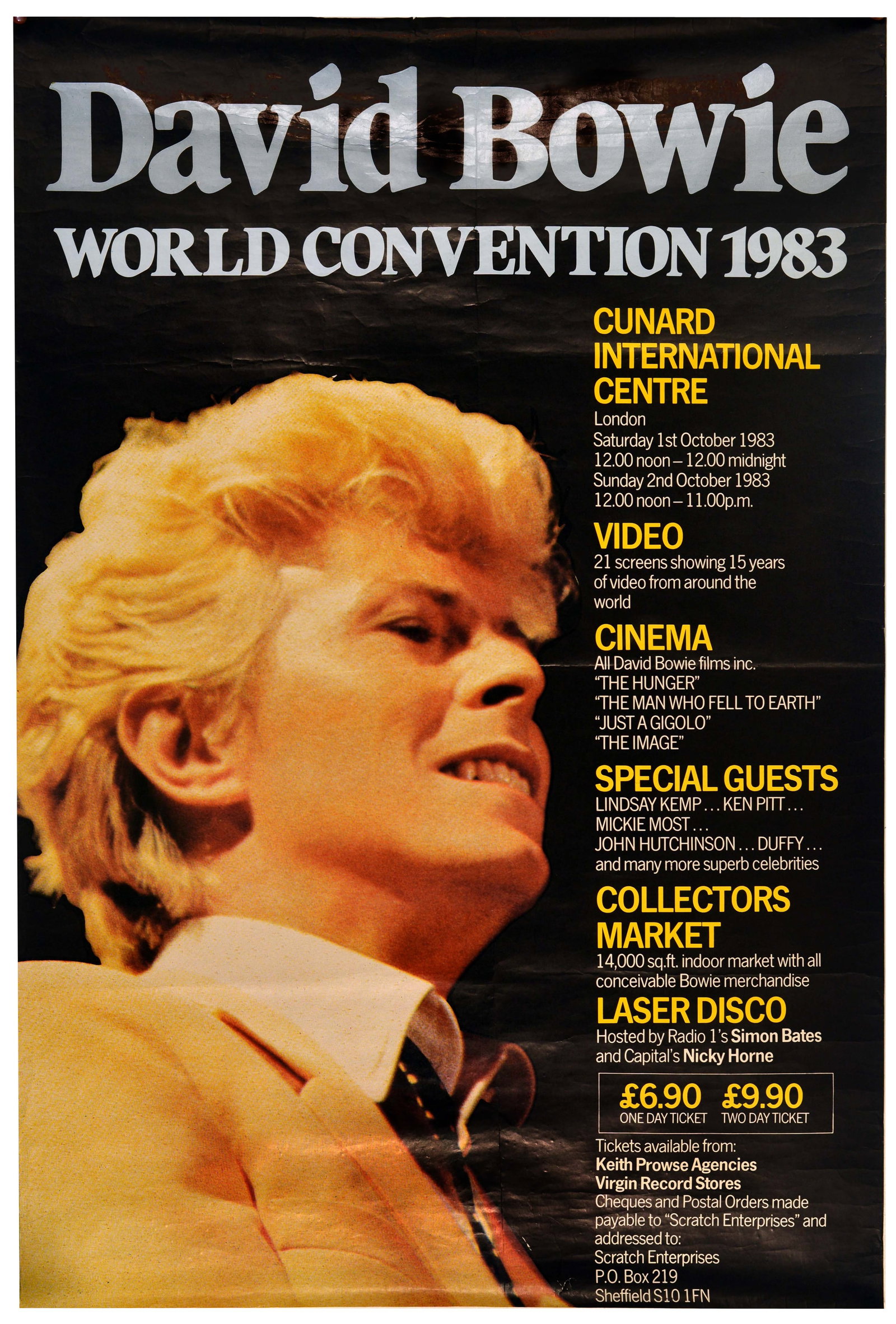 Advertising Poster Bowie World Fan Convention: Original vintage music advertising poster for the David Bowie World Fan Convention held at the Cunard International Centre in London on October 1st and 2nd 1983 - Design features a large close-up port