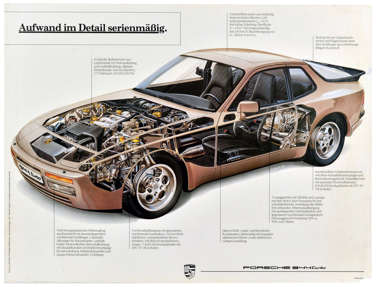 Advertising Poster Porsche 944 Turbo Sports Car Cutaway: Original vintage advertising poster for Porsche 944 Turbo - Aufwand im Detail serienmassig / Effort in detail as standard - featuring a highly detailed cutaway, showcasing the advanced engineering and