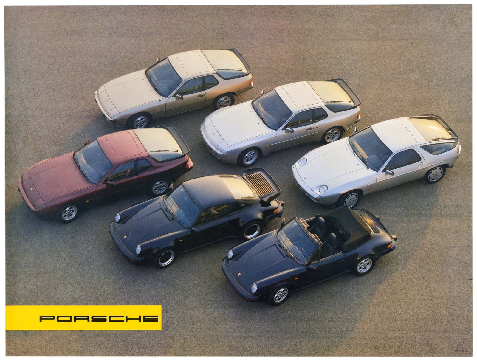 Advertising Poster Porsche 911 Sports Car Model Lineup Birdseye View: Original vintage advertising poster for Porsche featuring the model range lineup depicted from above, showcasing the iconic rear-engine flagship alongside the sophisticated front-engine transaxle mode