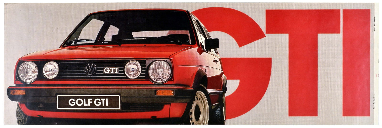 Advertising Poster Volkswagen VW Golf GTI Automotive Front: Original vintage advertising poster issued by Volkswagen showcasing the Golf GTI hatchback, featuring a front view of the classic red hot hatch, with its distinctive quad-headlight front grille, black