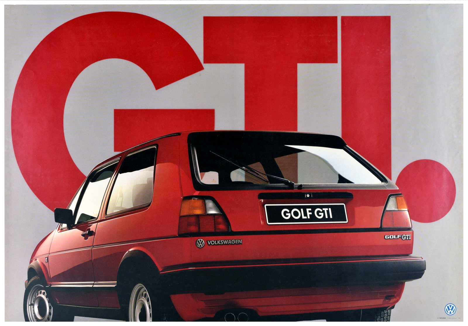 Advertising Poster Volkswagen VW Golf GTI Automotive Rear: Original vintage advertising poster issued by Volkswagen showcasing the Golf GTI hatchback, featuring a rear view of the classic red hot hatch, with black bumper trim, and steel wheels, with stylised 
