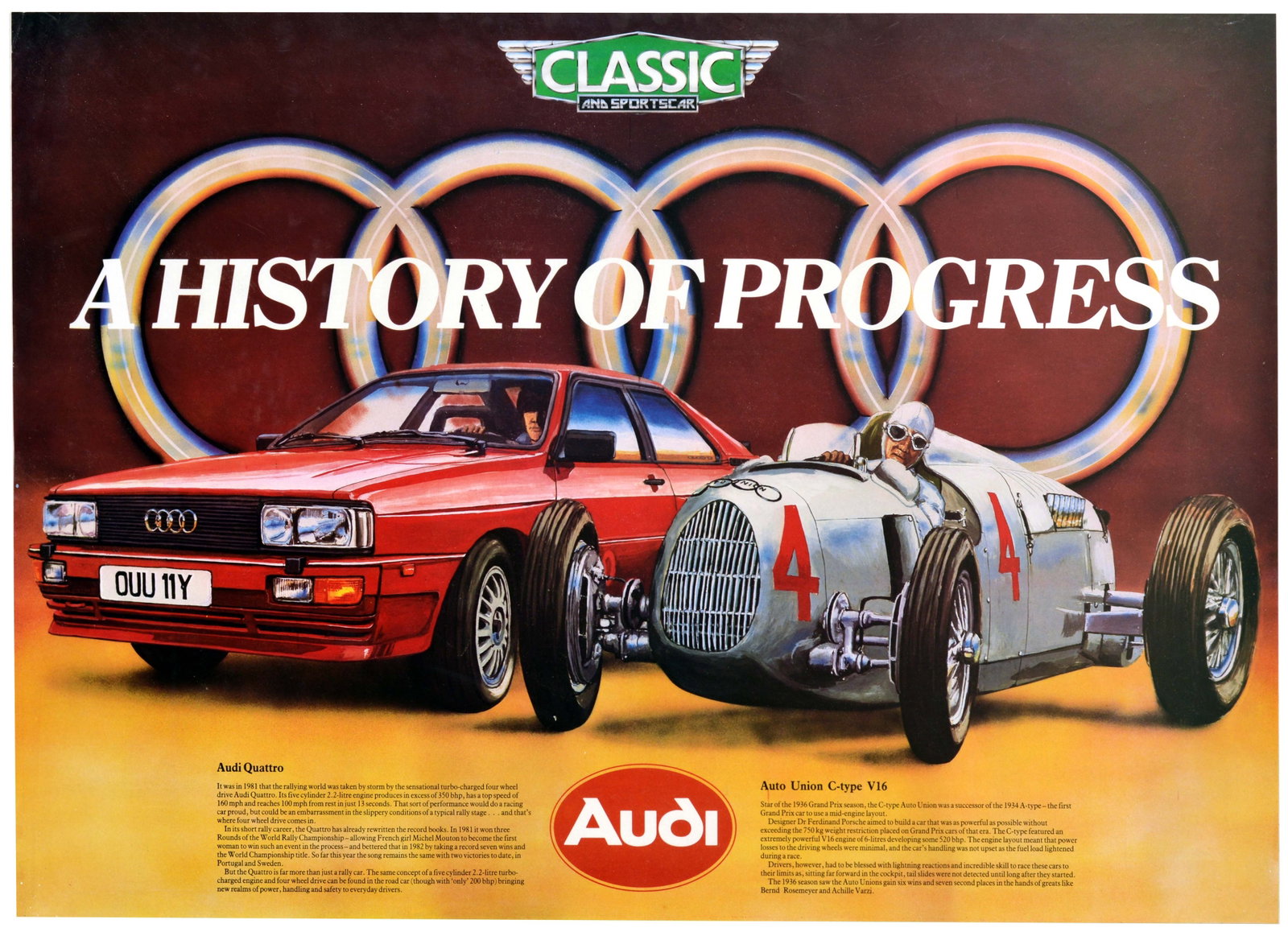 Advertising Poster Audi History of Progress Sports Car Motoring: Original vintage automotive poster titled A History of Progress, featuring classic and sports car images, on the left a red Audi Quattro road car, celebrating the revolutionary turbocharged four-wheel