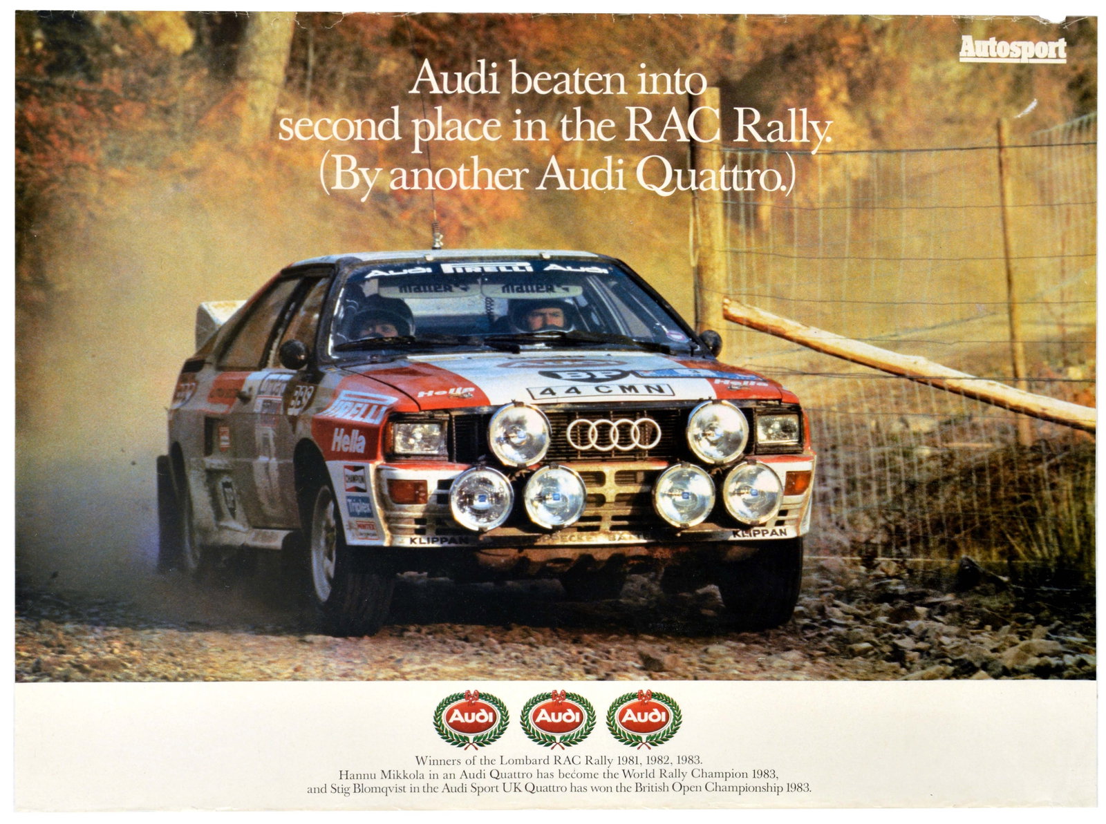 Advertising Poster Audi Quattro Rally Racing Autosport Motoring: Original vintage motorsport advertising poster: Audi beaten into second place in the RAC Rally. (By another Audi Quattro.) Produced for Autosport magazine, this dynamic 1980s promotional poster celebr