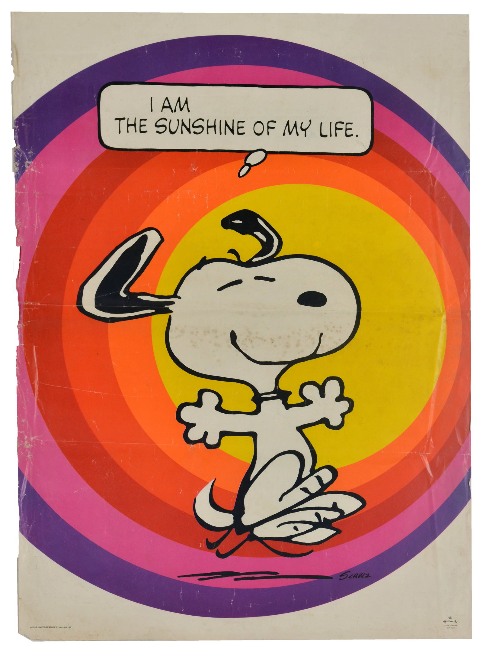 Advertising Poster Snoopy Sunshine Of My Life Peanuts Schulz Hallmark: Original vintage pop-culture cartoon poster titled Snoopy - I Am The Sunshine Of My Life, featuring a wonderfully vibrant and cheerful mid-century design by the legendary American cartoonist and creat