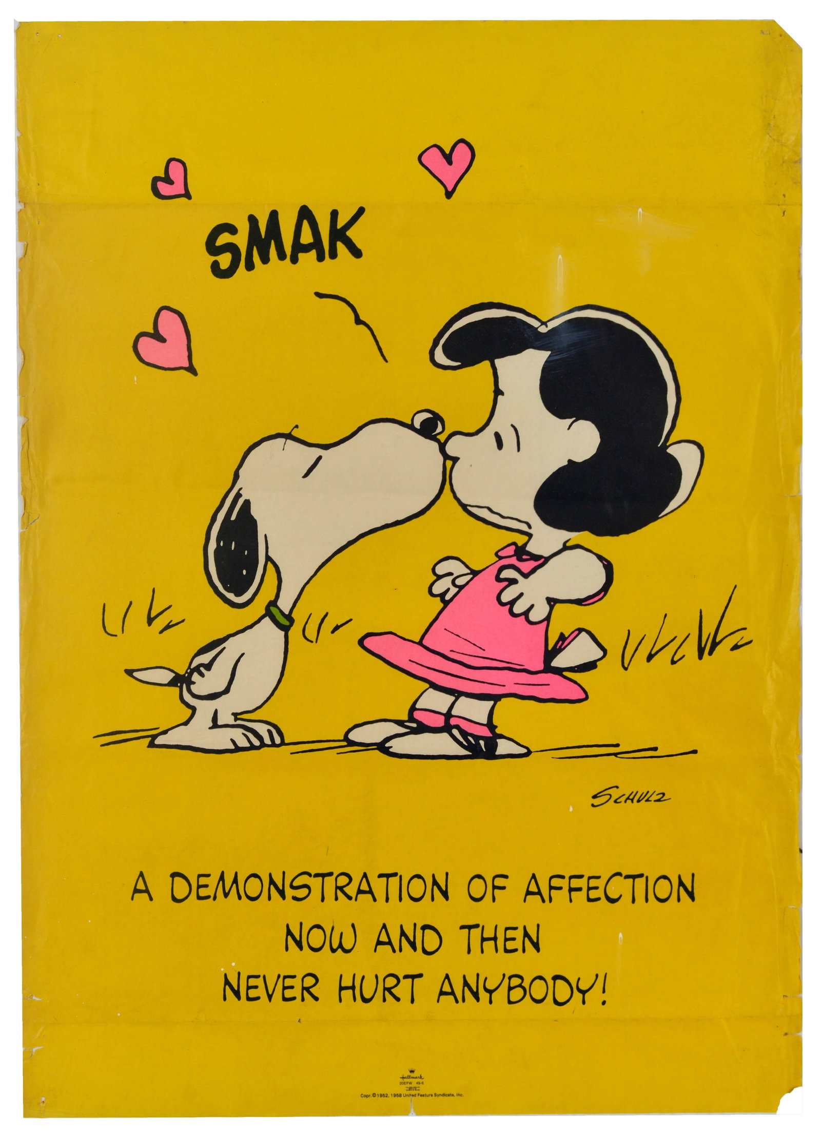 Advertising Poster Snoopy Kiss Smak Affection Schulz Peanuts: Original vintage poster featuring the iconic comic character Snoopy the Dog by the notable American cartoonist Charles M. Schulz (Charles Monroe Schulz; 1922-2000) - A demonstration of affection now a