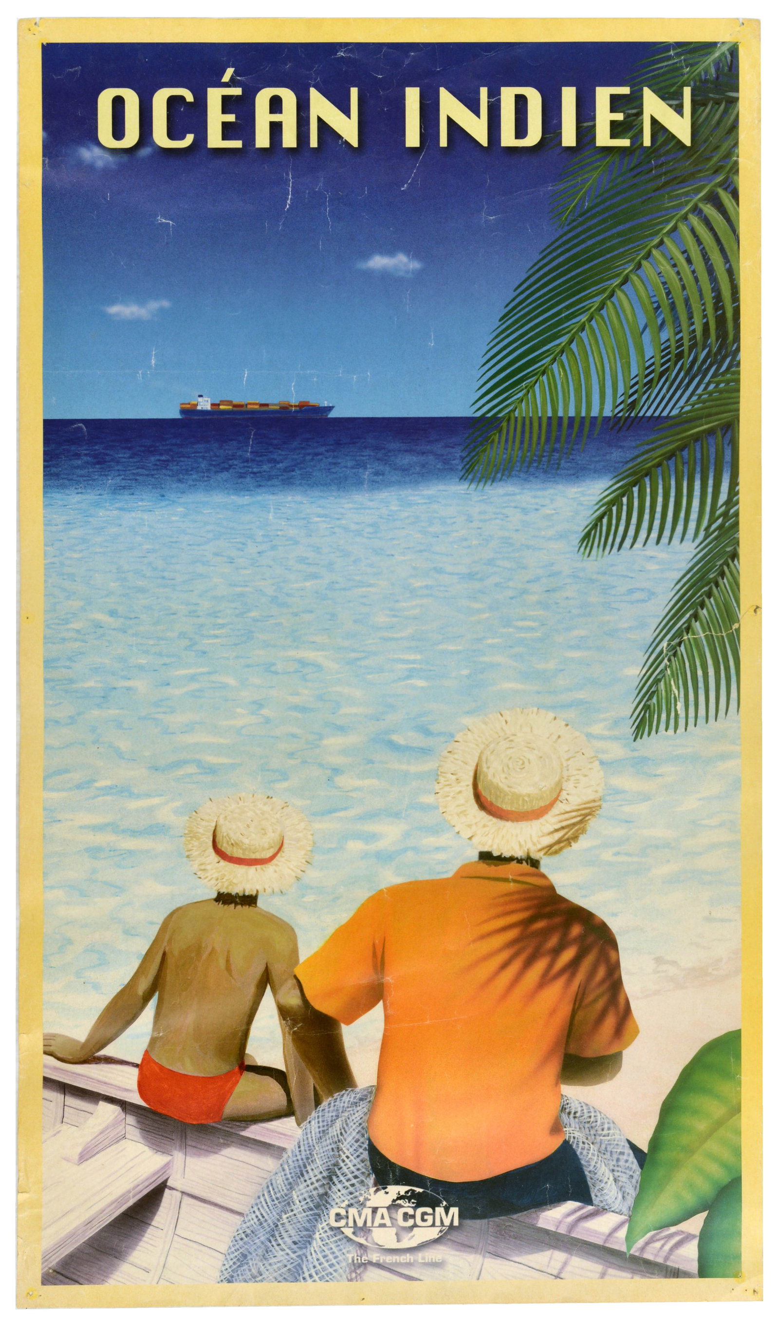 Advertising Poster Indian Ocean CMA CGM French Line Container Ship: Original vintage advertising poster for CMA CGM The French Line featuring a bold, dynamic design promoting shipping services in the Indian Ocean / Ocean Indien, a view from the shore depicts two figur