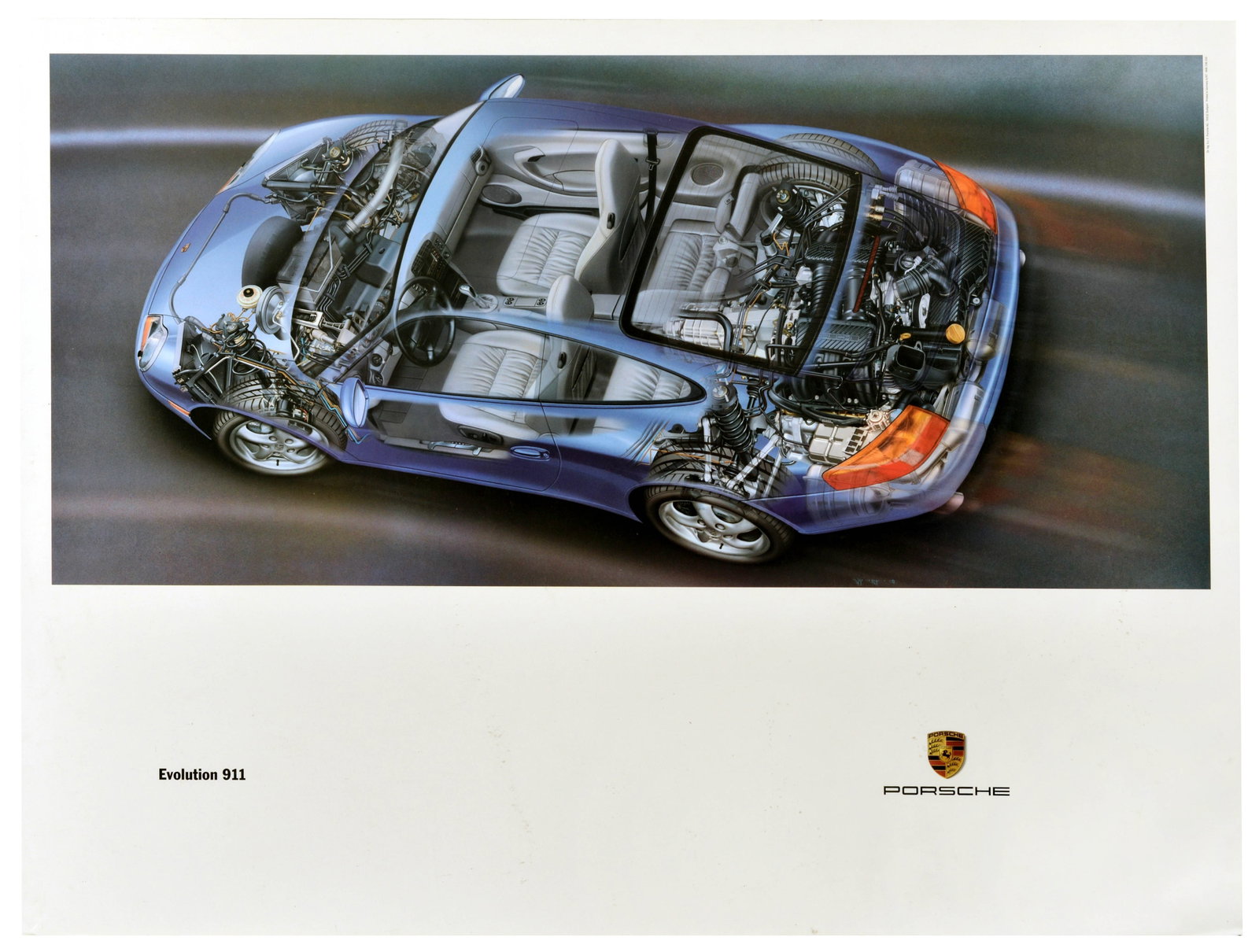 Advertising Poster Porsche Evolution 911 Cutaway Cutout Racing: Original vintage advertising poster issued by Porsche AG to promote the launch of the Porsche 911 (Type 996). This striking late-20th-century graphic work features a masterful cutaway illustration of 