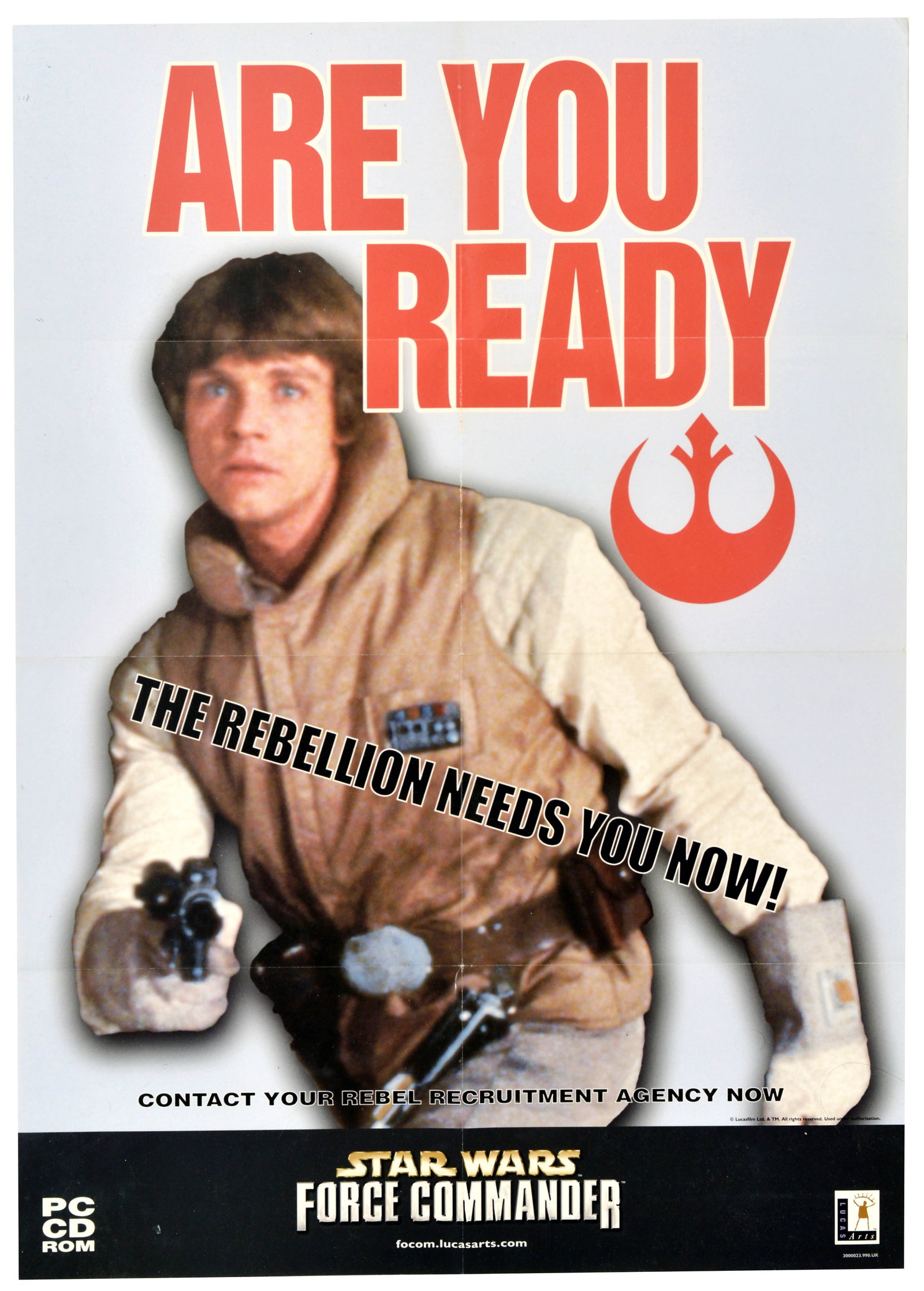 Advertising Poster Star Wars Force Commander Video Game: Original vintage promotional poster for the Star Wars: Force Commander video game, released in 2000 by LucasArts and Ronin Entertainment. The design features an iconic image of Mark Hamill as Luke Sky