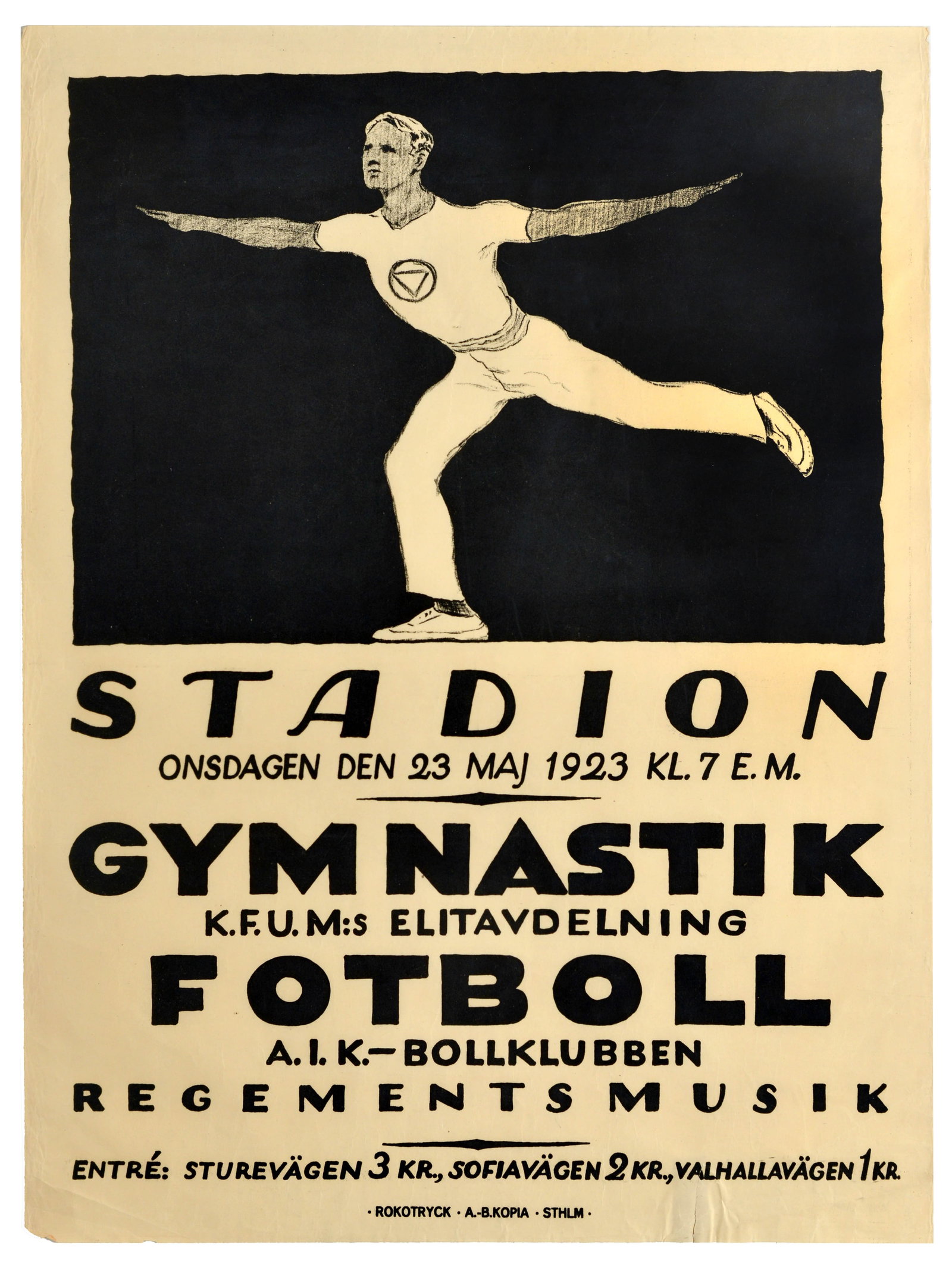 Sport Poster Stadion Gymnastics Football: Original vintage Swedish sports advertising poster promoting a combined gymnastics and football event held at the historic Stockholm Olympic Stadium / Stahlm Stadion on May 23 1923 - Design features a