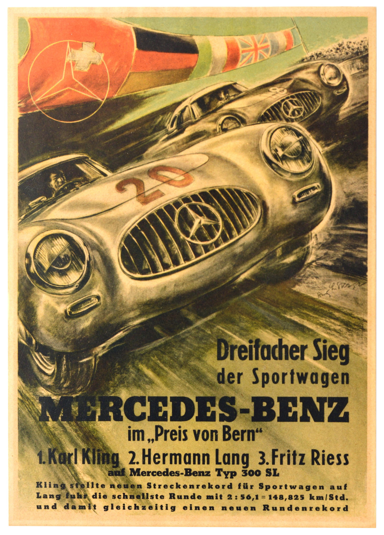 Sport Poster Mercedes Benz 300 SL Gullwing Swiss Grand Prix Car Race: Original vintage German motorsport poster issued by Mercedes-Benz to celebrate their historic triumph at the 1952 Swiss Grand Prix sports car race. Titled Dreifacher Sieg der Sportwagen Mercedes-Benz 