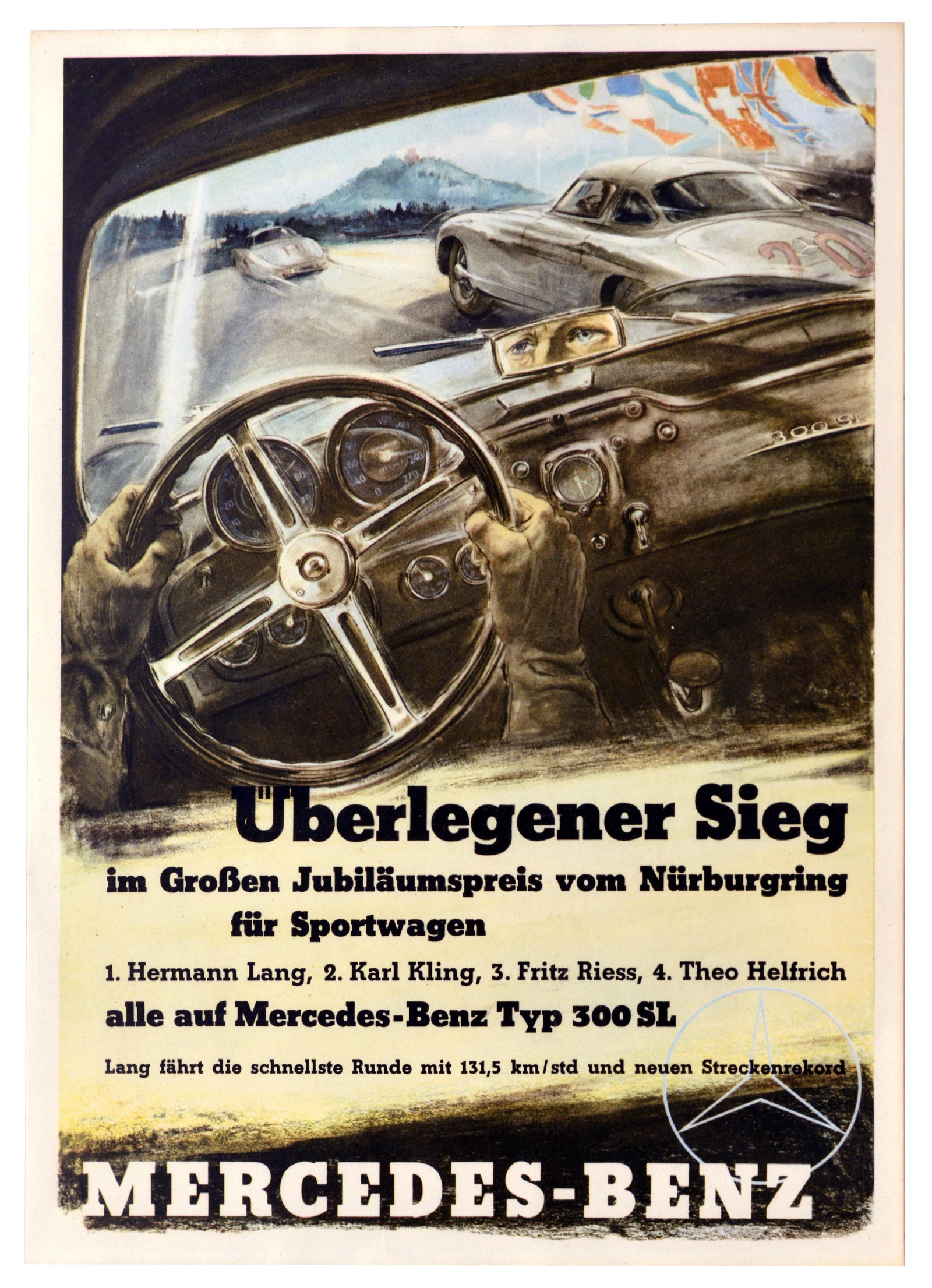 Sport Poster Mercedes Benz Nurburgring Jubilee Grand Prix: Original vintage German motorsport poster issued by Mercedes-Benz to celebrate their historic fourfold triumph at the 1952 Nurburgring Jubilee Grand Prix. the 1952 Nurburgring Jubilee Grand Prix (Gro?