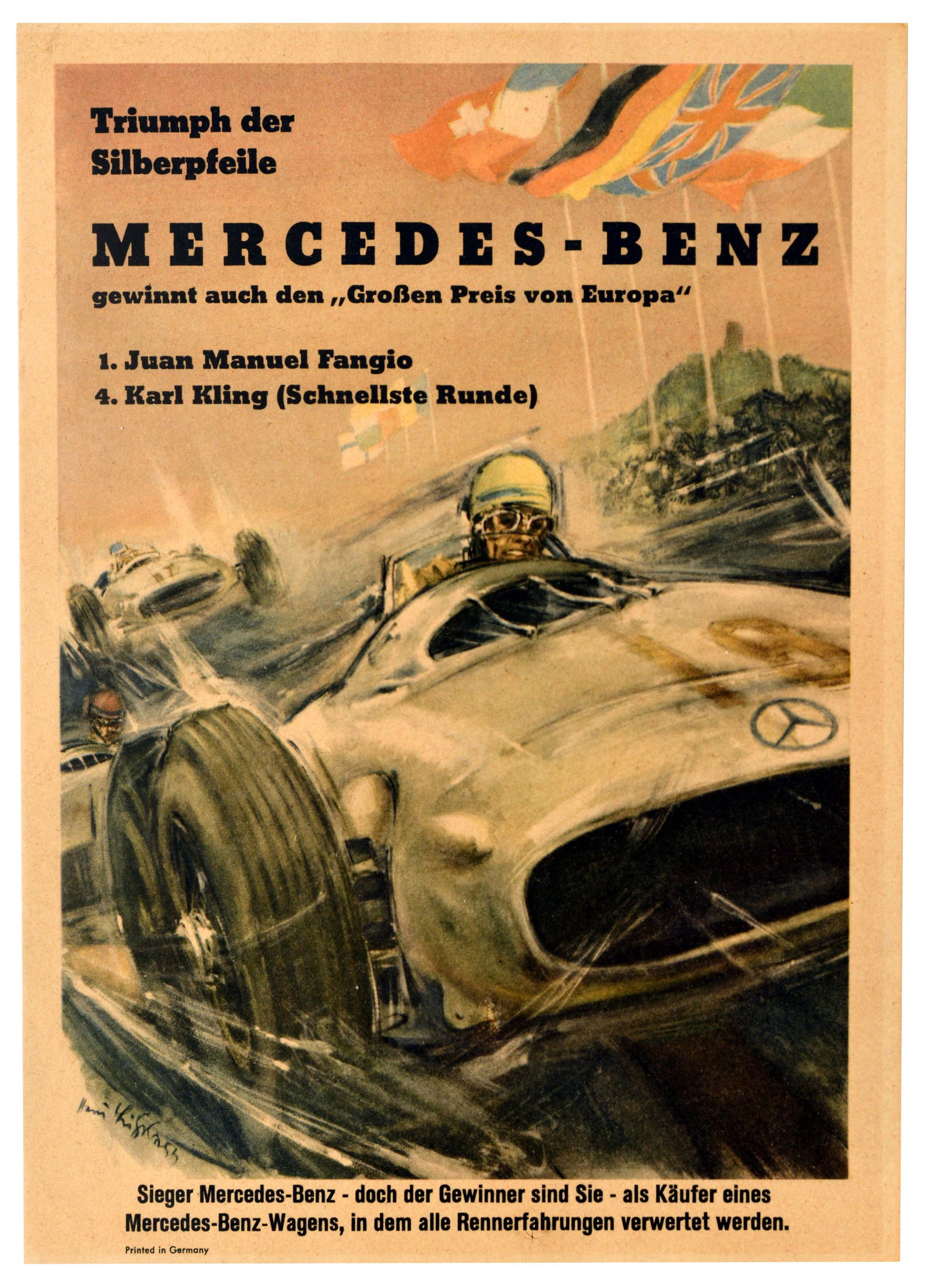 Sport Poster Mercedes Benz Formula 1 Triumph Silver Arrows: Original vintage motor sport advertising poster celebrating the Mercedes Benz victory at the European Grand Prix 1954. The race served as both the 1954 German Grand Prix and the honorary European Gran