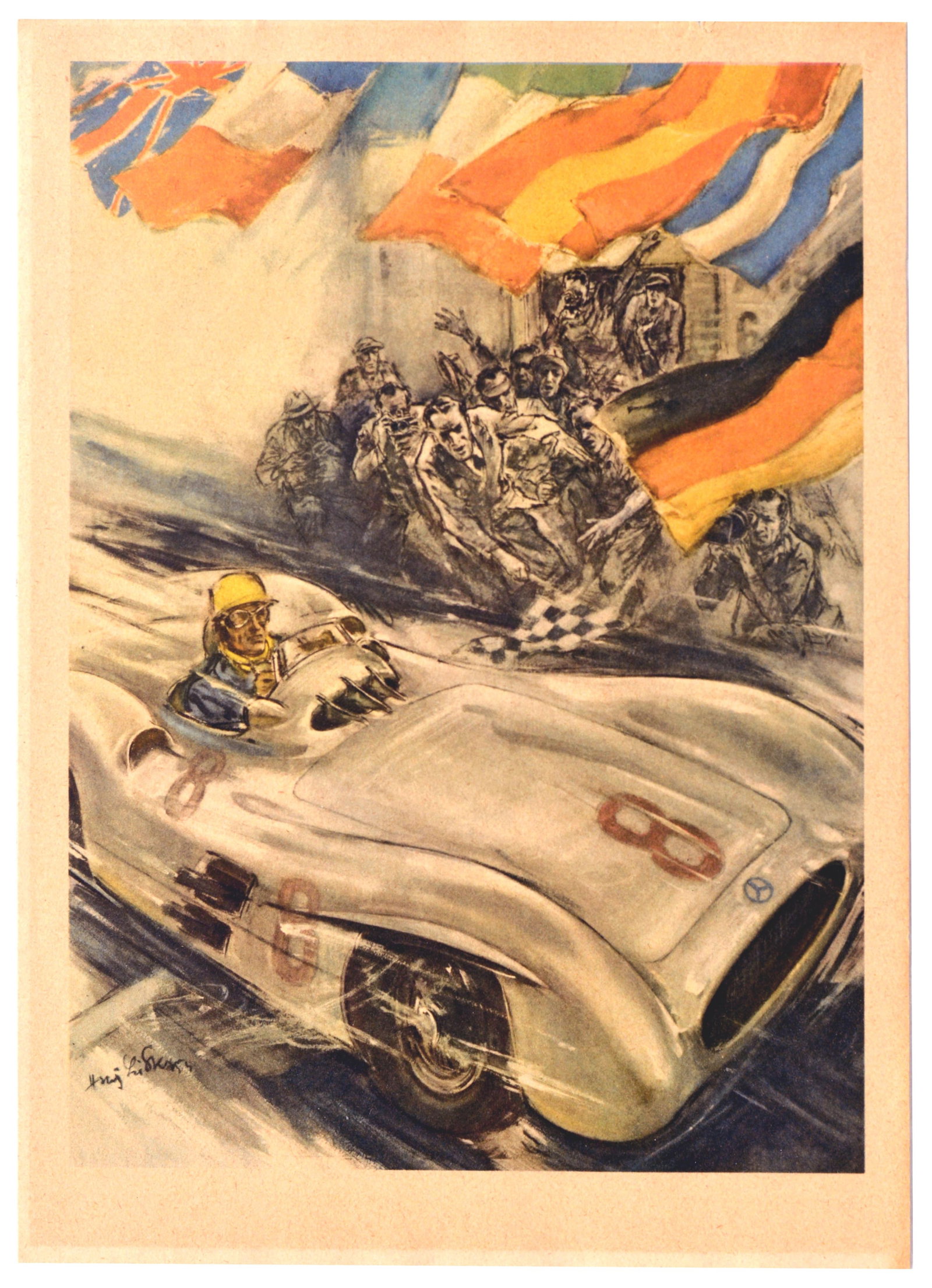Sport Poster Mercedes Benz Formula One Grand Prix Car Racing German: Original vintage double-sided poster published in Swedish by Mercedes Benz to celebrate its racing results in 1954 and 1955. Fantastic illustration on the front depicting a number 8 silver Mercedes-Be