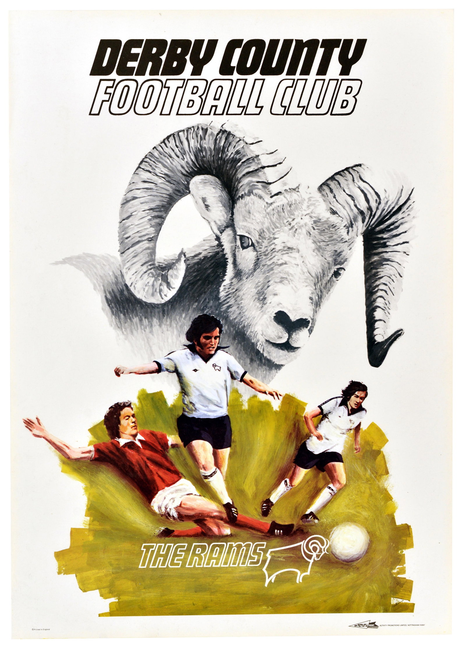 Sport Poster The Rams Derby County Football Club: Original vintage sport poster for The Rams Derby County Football Club, featuring a dynamic illustration of football players kicking the ball with an image of a ram in the background. Founded in 1884 b