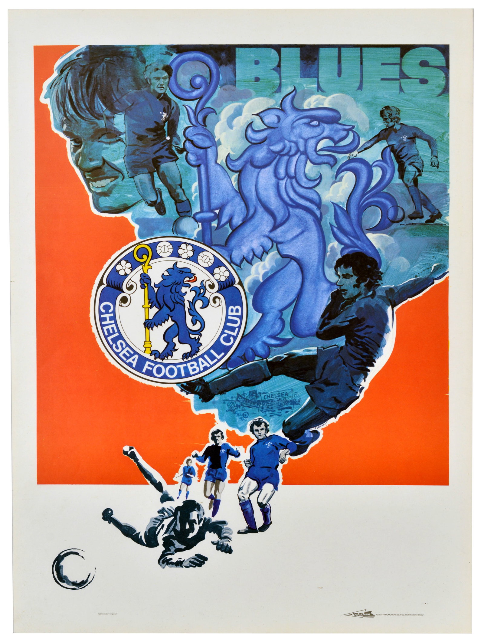 Sport Poster Chelsea Football Club Blues Soccer: Original vintage sports poster for Chelsea Football Club (founded 1905) featuring a dynamic illustration of football players seen fighting for and kicking the ball with Chelsea banners, their nickname