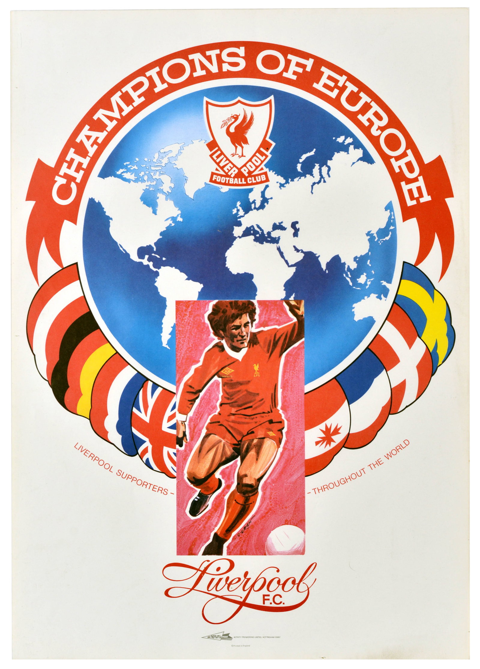 Sport Poster Liverpool Football Club Champions Europe: Original vintage sports poster celebrating Liverpool Football Club as Champions of Europe, depicting the title on a red banner ribbon and European flags around a globe in blue and white, the Club's li