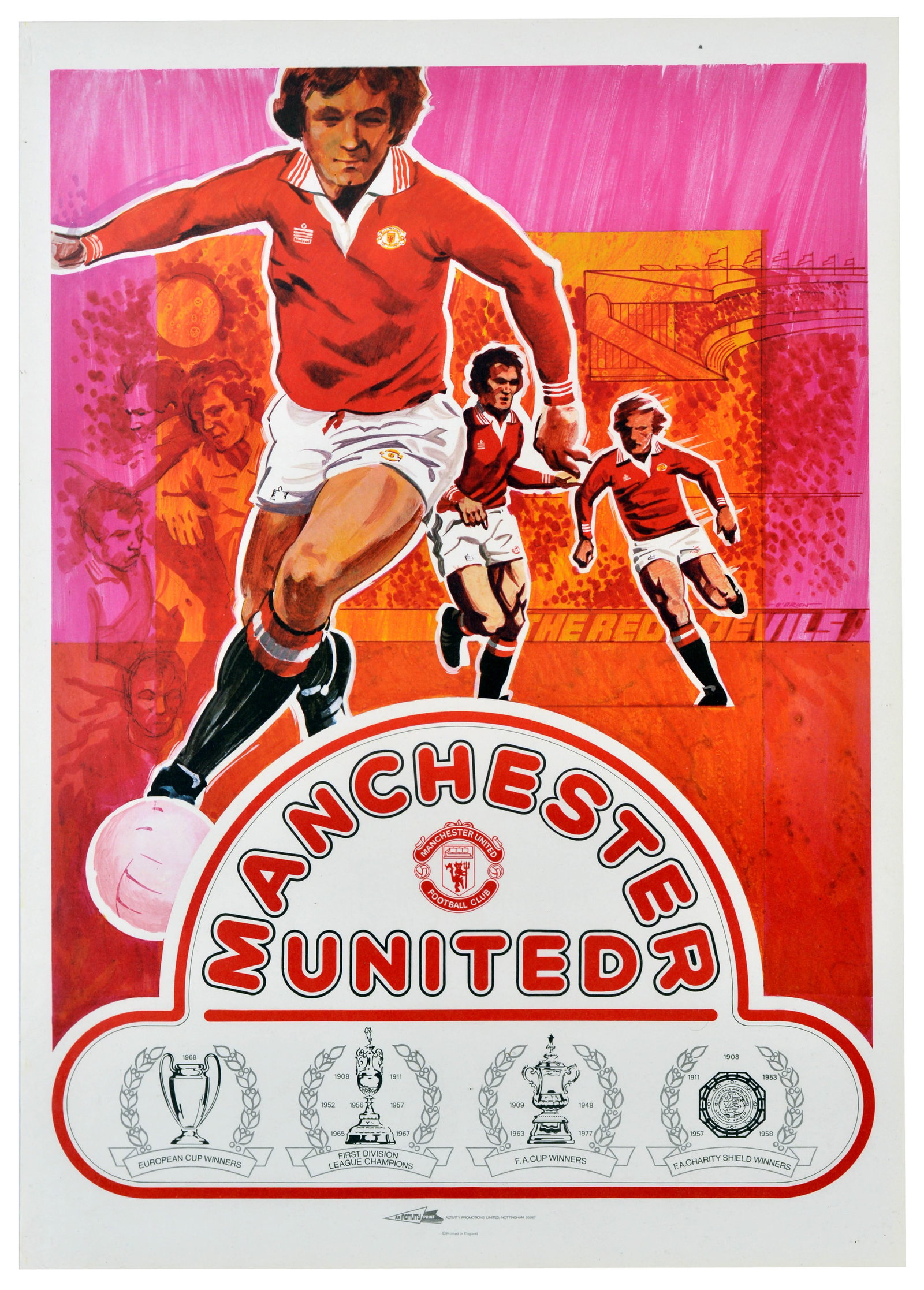 Sport Poster Manchester United Football MAN U: Original vintage sports poster promoting the renowned English football club Manchester United featuring the team captain Martin Buchan - Martin McLean Buchan (born 6 March 1949) kicking a football in 